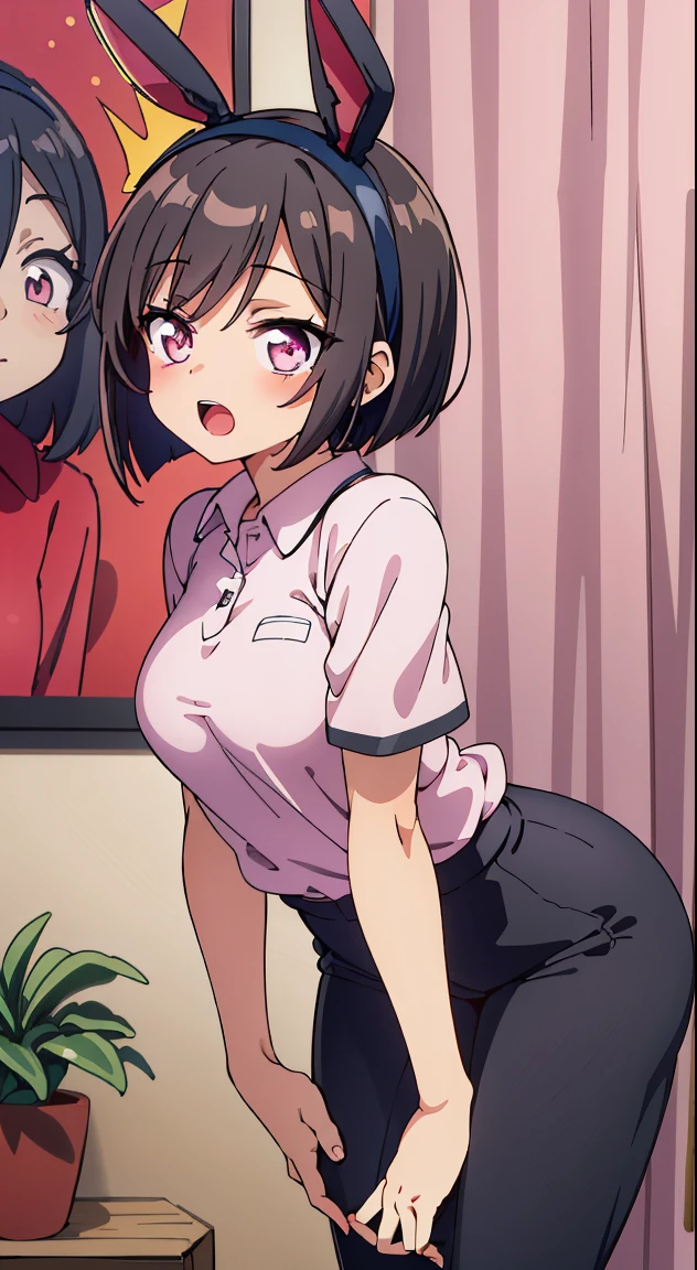 1. Beautiful woman in a pink polo shirt, Short sleeves Short hair, Small breasts,Black Hair, hospital beautiful cute high quality drool feel perfect fingers naked licking penis perfect penis perfect hand  smile smiling blowjob