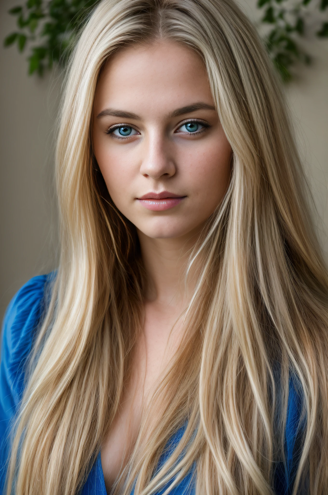 (Best quality)), ((Masterpiece)), (Detailed), photo d'A woman with blue clothing, cheveux longs blonds, olive eyes