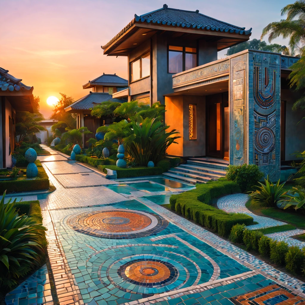 tribal style，Utopian，afofuturism，Postmodern，Villas，an outside garden, mosaic stone road, the sunset,tribal sculpture、