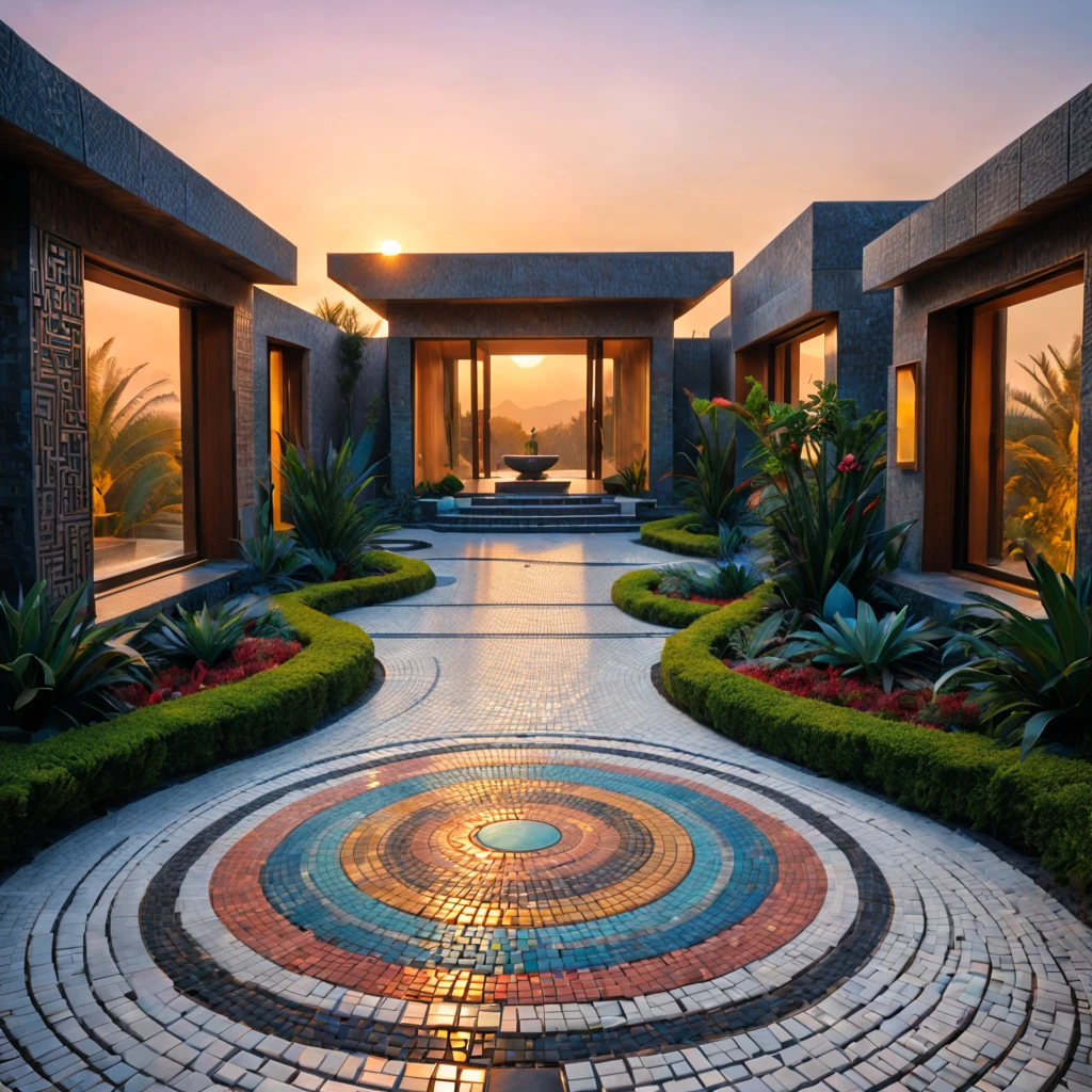 tribal style,Utopian,afofuturism,Postmodern,Villas,an outside garden, mosaic stone road, the sunset,tribal sculpture、