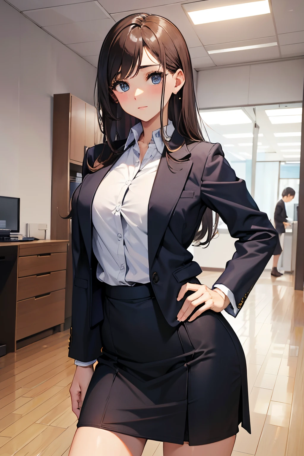 Beautuful Women、34 years old、officeworker、businessman、s Office、put hands on the hip、skirt by the、Manteau