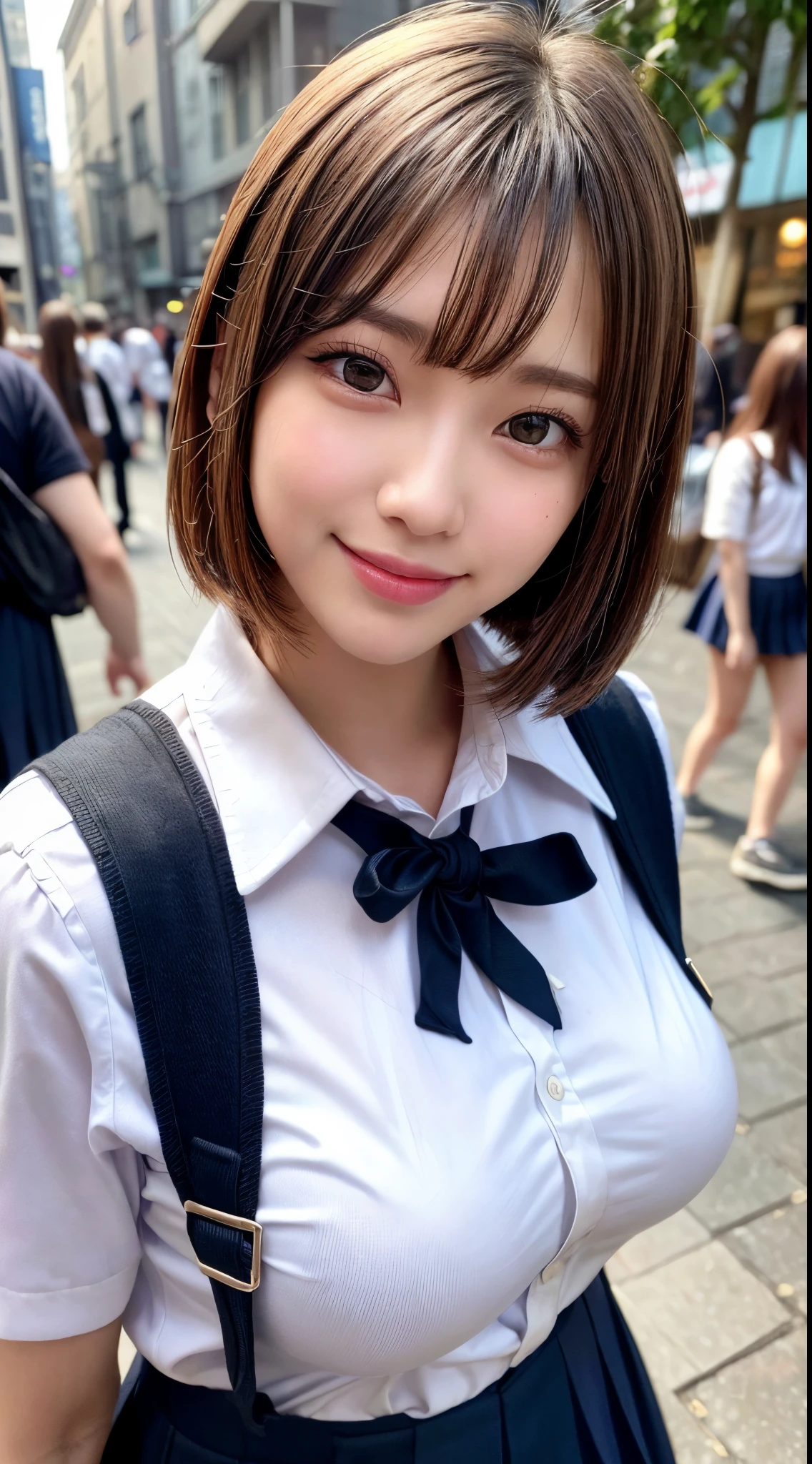 Pianfei、best quality、one example、Super fine、beautiful、high resolution、8k wallpaper、Perfect dynamic composition、(((Whole BodyEsbian)))、((from below))、beautiful girl of 20 years old、Detailed beautiful face、Eyes are delicate and cute、Delicate skin texture、cheeks flushed、Shy、(short hair:1.3)、(brown wavy hair)、small breasts、Bold and sexy pose、Smile、(JK school uniform: 1.4), (standing on the roof: 1.6),(white: 1.4),hot pants street、small breasts、、small ass、thin ass、Please generate it above the eaves.、thin shoulders、wear underwear、 ((Squatting, spread your legs)), 
