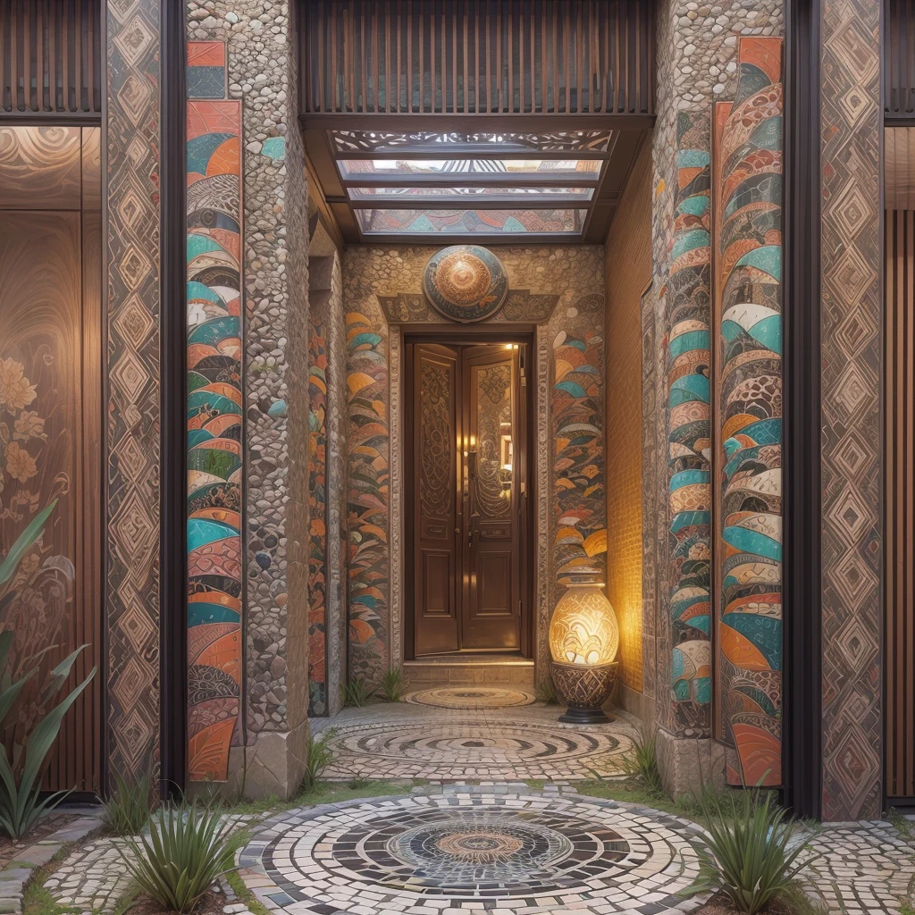 tribal style，Utopian，afofuturism，Postmodern，Villas，an outside garden, mosaic stone road, the sunset,tribal pattern，tribal sculpture、