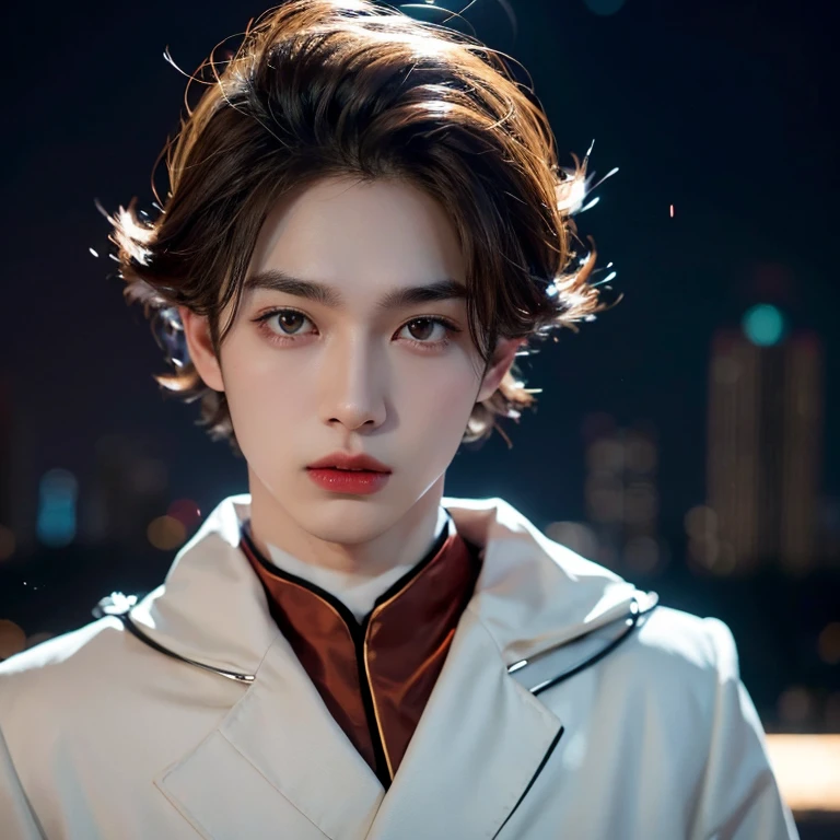 Anime boy detail:1.1),dramatic, 1guy, (pale skin), wolf cut brown hair, brown eyes, [brown eyebrows], solo, wolf cut hair, moon, night, black luxury suit, cute expression, pouty lips, red lips, covered, futuristic city, detailed background,