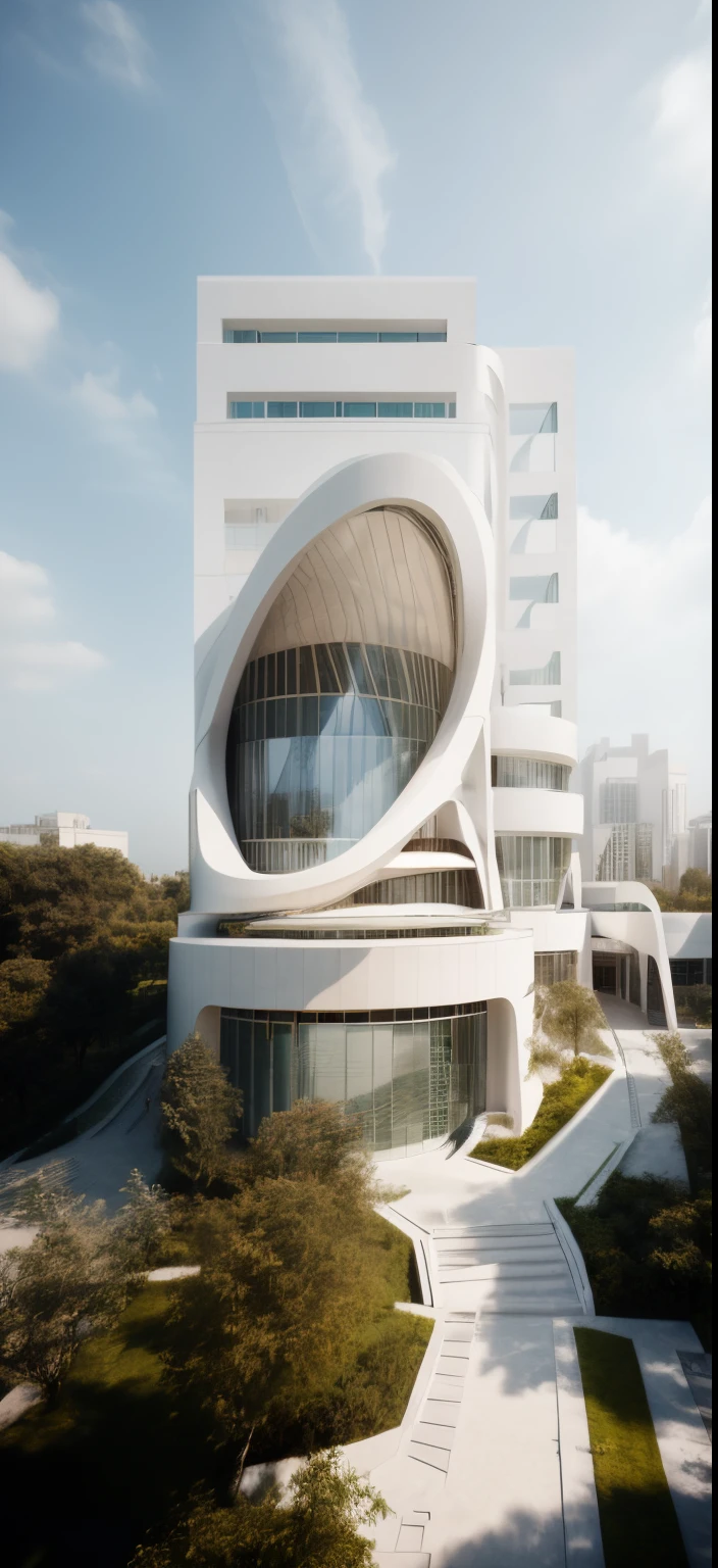 RAW photo,Masterpiece, high quality, best quality, authentic, super detail, outdoors, Exterior, an architectural masterpiece of an astronomy exhibition center in the (Zaha Hadid) architectural style with many (curves), glass windows, white marble walls, located in a tropical garden with many trees, soft evening light, garden and walkway lighting, many people on the square, best photo quality, best resolution