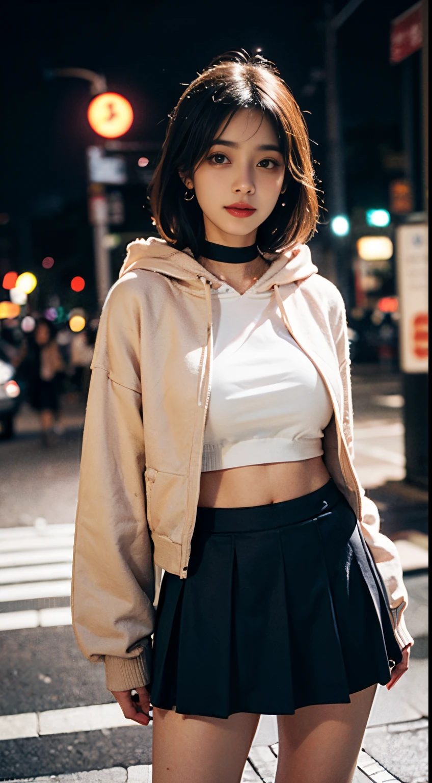 ((8K))，Film photography, 1 girl, (hoody:1.2), (short  skirt), upper legs, navel，choker necklace, ear nipple ring, Seductive smile, middlebreast, Full body lesbian, drunk blush:1.5, Black shoulder length wavy hair, serene, chill out, (Realistic and detailed eyes, Natural skin texture, Realistic face details), Soft dramatic lighting, depth of fields, bokeh, vibrant detail, meticuloso, hyper realisitc，20yr old, ((Lift up your skirt yourself)), (skirt lift), (pantiess , panty focus), The face is red, Open your lips, view the viewer ,(Clear  eyes，Clear nose，Clear lips，Fair skin)，Semi-body shot , Wear a hooded jacket ,(Tokyo streets ,Falling snow)，