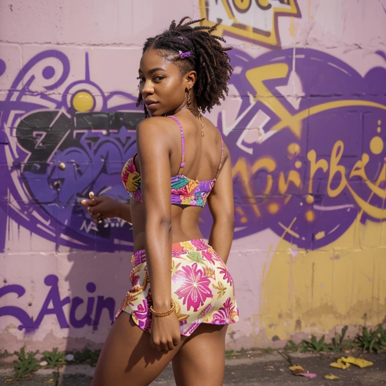 "Capture the vibrant essence of a Caribbean beauty in this image . Showcase a curvaceous woman with pixie locs, dressed in a colorful tropical print crop top and a short purple skirt. Adorned in gold and diamond jewelry, wearing stylish purple Jordan sneakers, she stands confidently with her back to the camera against a graffiti-covered wall, embodying the spirit of Caribbean allure and urban chic."