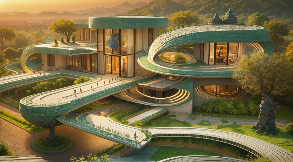 tribal style，Utopian，afofuturism，Postmodern，Villas，an outside garden, mosaic stone road, the sunset,tribal sculpture、
