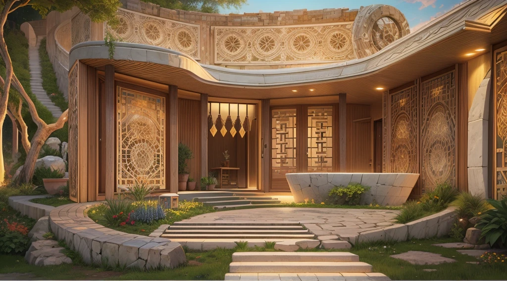 tribal style，Utopian，afofuturism，Postmodern，Villas，an outside garden, mosaic stone road, the sunset,tribal sculpture、