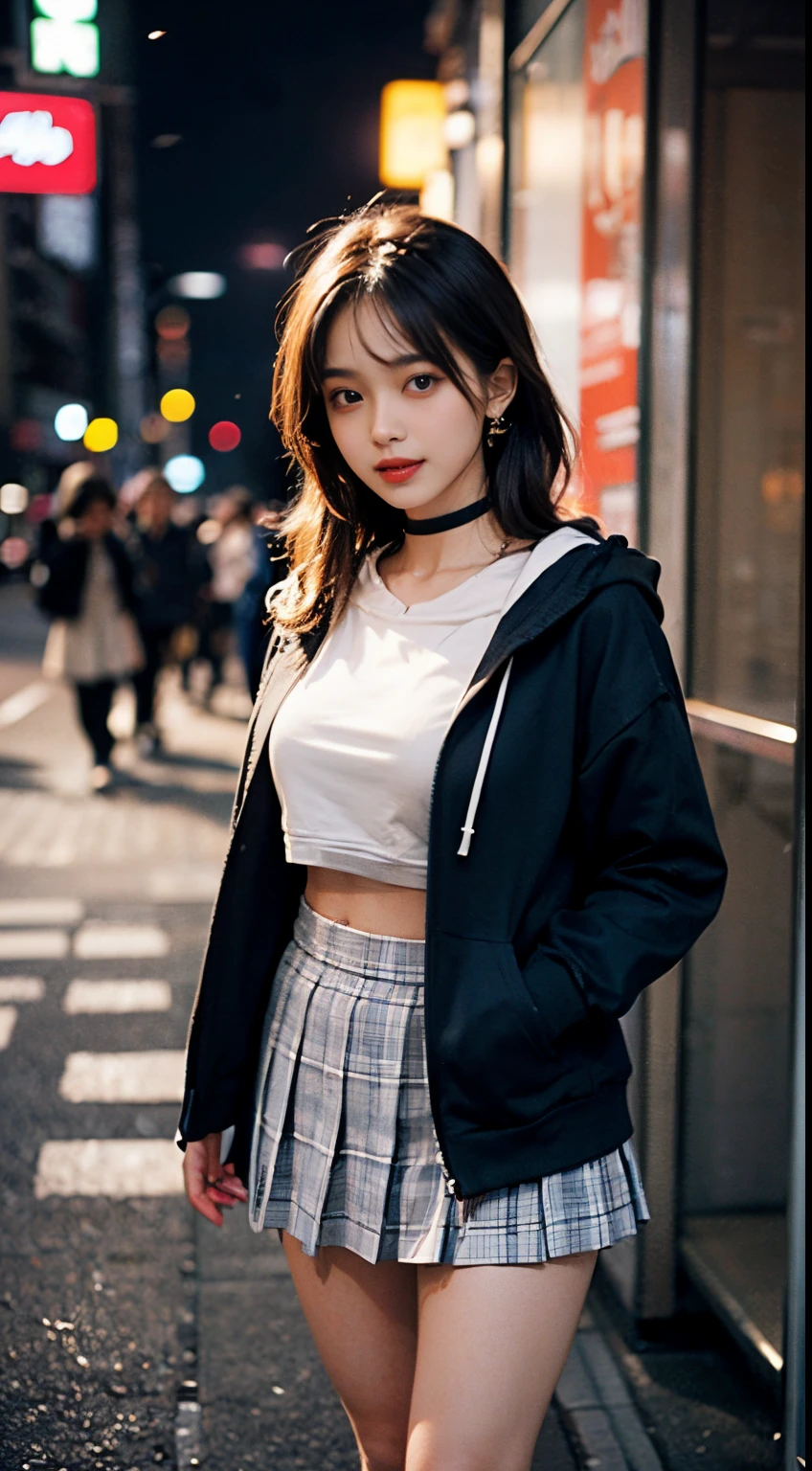 ((8K)),Film photography, 1 girl, (hoody:1.2), (short skirt), upper legs, navel,choker necklace, ear nipple ring, Seductive smile, middlebreast, Full body lesbian, drunk blush:1.5, Black shoulder length wavy hair, serene, chill out, (Realistic and detailed eyes, Natural skin texture, Realistic face details), Soft dramatic lighting, depth of fields, bokeh, vibrant detail, meticuloso, hyper realisitc,20yr old, ((Lift up your skirt yourself)), (skirt lift), (pantiess , panty focus), The face is red, Open your lips, view the viewer ,(Clear eyes,Clear nose,Clear lips,Fair skin),Semi-body shot , Wear a hooded jacket ,(Tokyo streets ,Falling snow),