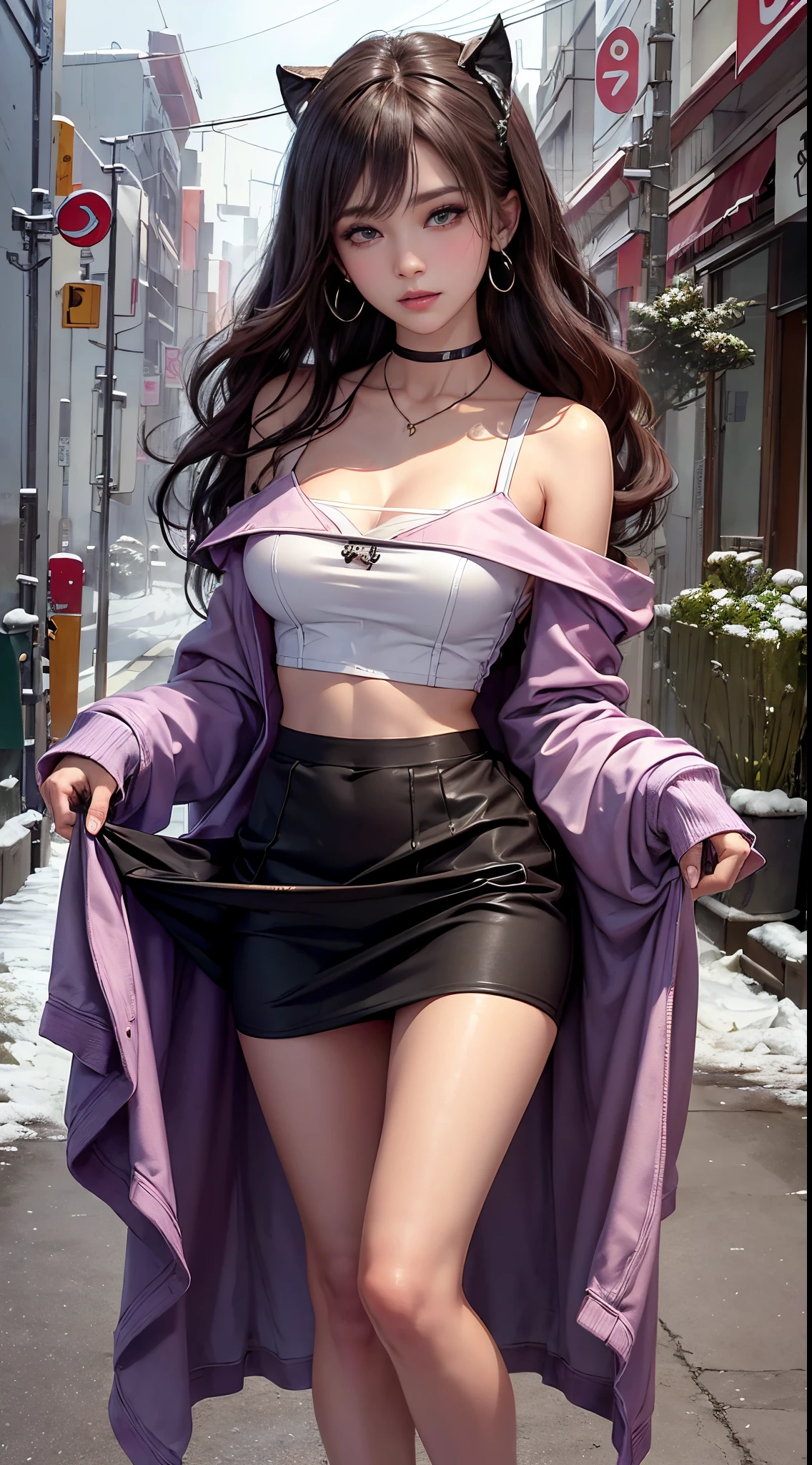((8K))，Film photography, 1 girl, (hoody:1.2), (short  skirt), upper legs, navel，choker necklace, ear nipple ring, Seductive smile, middlebreast, Full body lesbian, drunk blush:1.5, Black shoulder length wavy hair, serene, chill out, (Realistic and detailed eyes, Natural skin texture, Realistic face details), Soft dramatic lighting, depth of fields, bokeh, vibrant detail, meticuloso, hyper realisitc，20yr old, ((Lift up your skirt yourself)), (skirt lift), (pantiess , panty focus), The face is red, Open your lips, view the viewer ,(Clear  eyes，Clear nose，Clear lips，Fair skin)，Semi-body shot , Wear a hooded jacket ,(Tokyo streets ,Falling snow)，