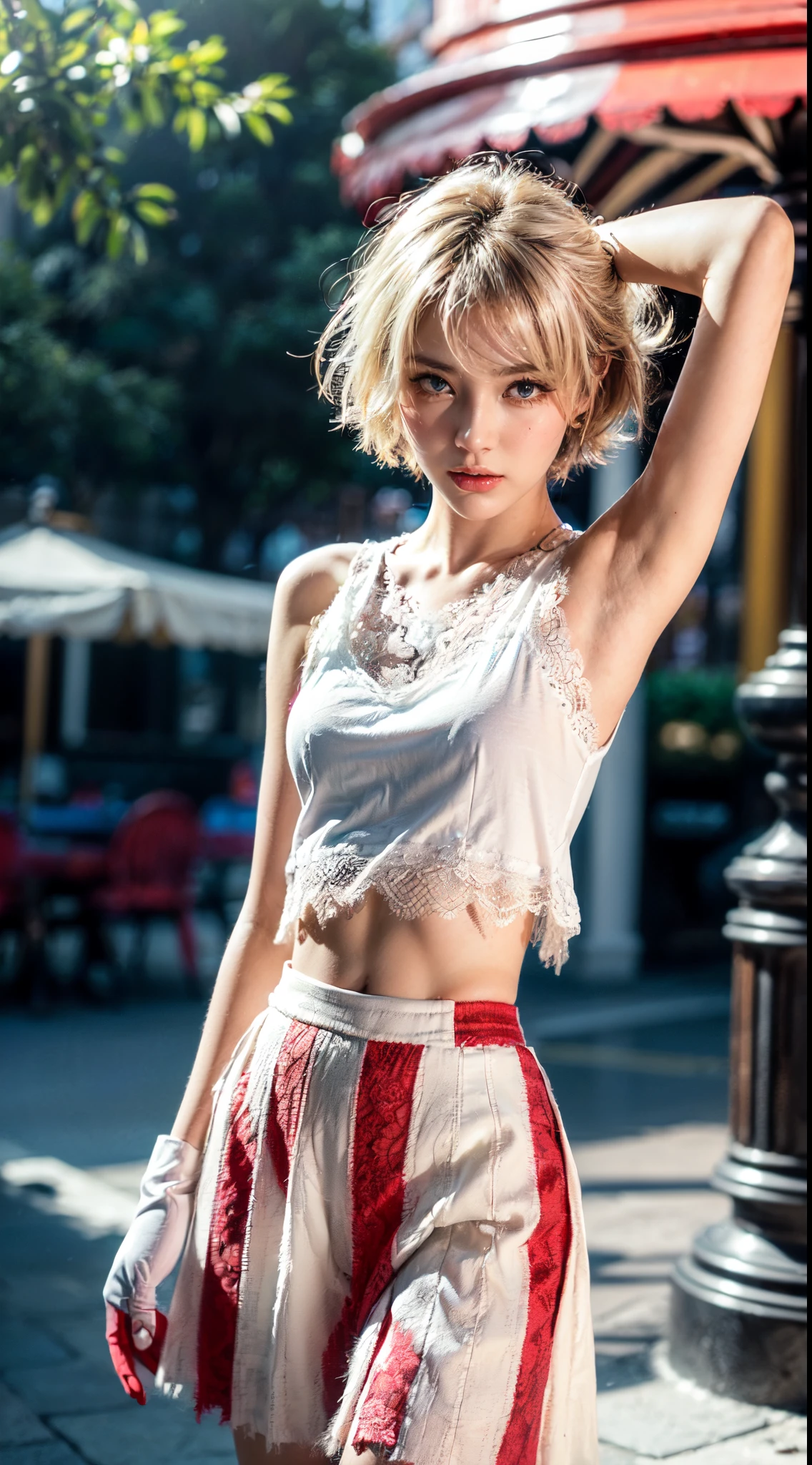 (Ultra-detailed eyes), (((textile shading))), (((Best Quality))), (((masutepiece))), (((Ultra-detailed CG))), sassy girl, (((magical girl))), (Petite), (tiny chest), blonde hair, blonde hair, blonde hair, pin up emo, ((short hair, short hair, gorgeous hair)), Pink eyes, (((retro style, red and white blumarine crop graphic lace tank, frayed skirt, winter glove, y2k))), ((striking a pose)), (((Game CG)) (gorgeous, sassy, it girl), fancy jewelry,theme park, colorful place, colorful place, colorful olace, strong theme park atmosphere, strong 80s atmosphere, cowboy shot, midshot, centered image, eye on camera, daylight, no one people on the background, no one people on the background