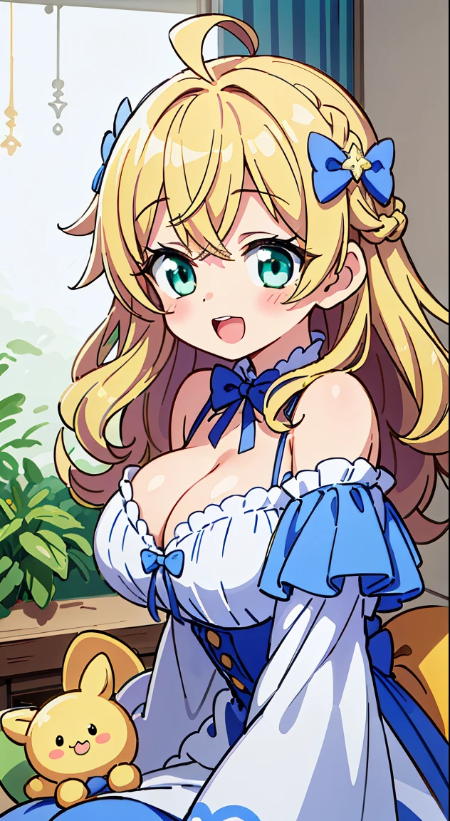 (Cute illustration:1.4),(fuwafuwa illustration:1.3), (pastel color:1.3),(Cute,kawaii,Dolce:1.3), (Dreamy,Fancy:1.2), Anime, (Delicate hair that shines delicately waving in the wind), Large breasts, cleavage, Dynamic Pose,
(masutepiece, Best Quality, High resolution, absurderes, Intricate details:1.3), (Photorealistic), Lens perspective, Hyper Detailed, ultra-detailliert, detaile, Trending on ArtStation, Award-winning, Good anatomy, Perfect Anatomy, [。.。.3 D], Overexposure, lens flare break,



1 beautiful girl, girl with, (Cute:1.5),(Chibi:0.5),(kawaii:2.0),(Lori:2.0),(12 year old girl),(large full breasts:1.65),(Ahoge,Braids,half up,Blonde hair, blue bow, Green eyes,eyebrows visible through hair,side locks,Parted bangs,Long hair, Hair Flower, Hair Ornament, Big ribbon in the hair, Curly hair,Bow:1.4),:D,(Angel,White feathers, one white winged, Angel wings,Spread wings, Glowing wings),pitt \(Kid Icarus\),gleaming skin, Clear skin, shining beautiful skin, Open mouth,Smile, Solo, tusk, Upper teeth,(long eyelashes, Double eyelids:1.2),Solo,gleaming skin, Clear skin, Beautiful skin,(best quality face),(Top quality glowing eyes),(The best smile,Doya face:1.45),BREAK, (calm and natural smile,Open mouth:1.1)//(Off shoulder dress, MIDI Skirt, bow ribbon:1.3)//Standing, Cute  sitting on bed,Showroom,(Girl's Private Room, pastel base,
Girly Bedroom, Pastel colors, Soft blanket, Fluffy pillow, Fairy Light, wall art, animal stuffed, Books, desk work, speculum, cosy atmosphere, Personal touch, poster for, [Stuffed toys]:1.3)//From Side,Centered,Waterfall,depth of fields,

 BREAK,wakame,wakame,wakame,(Dynamic Angle:1.4), 

BREAK,(Blurry background:1.3),(absurderes, hight resolution, Super Detail Art),cel shading,Clear Color, Lonely optical effect, Beautiful pictures, Bright glow, mystic atmosphere,(Close-up of girl:1.1), Mystical light particle effect,manga influence, clean line drawings,