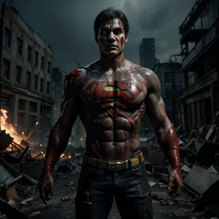"Generate a chilling and intense wide-angle 3D depiction of a Zombie superman. Illustrate him in a torn and tattered superman outfit, blood oozing from scratch wounds. Ensure the scene showcases the entire subject, emphasizing the eerie atmosphere. Arm him with a weapon, capturing the haunting essence of a zombified superhero navigating a world of chaos and danger."