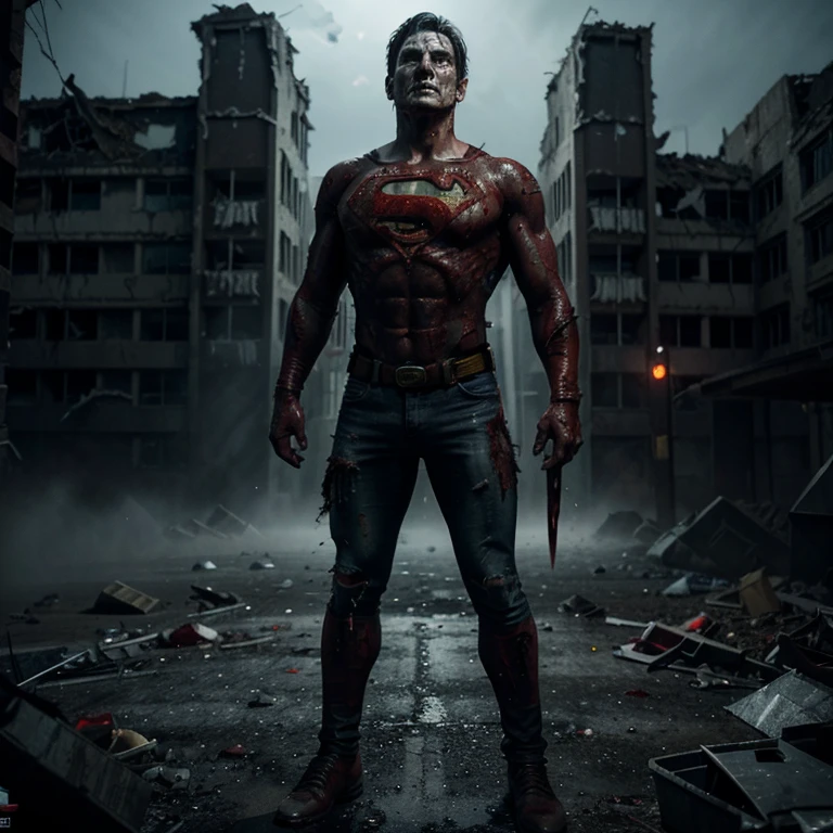 Sexy girl in lingerie, short black hair, blue eyes, big buttocks, muscular, socks, Boots, Undead vampire lifts car over her head with super strength, smiling with fangs, His entire body is riddled with bullet holes that crush against his impenetrable steel skin and the bullets fall to the ground deformed. He has a long red cape completely riddled with bullets.. "Many grenade explosions all over his indestructible body."