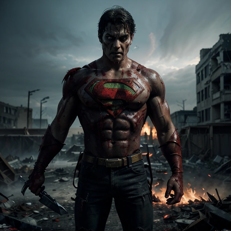 "Generate a chilling and intense wide-angle 3D depiction of a Zombie superman. Illustrate him in a torn and tattered superman outfit, blood oozing from scratch wounds. Ensure the scene showcases the entire subject, emphasizing the eerie atmosphere. Arm him with a weapon, capturing the haunting essence of a zombified superhero navigating a world of chaos and danger."