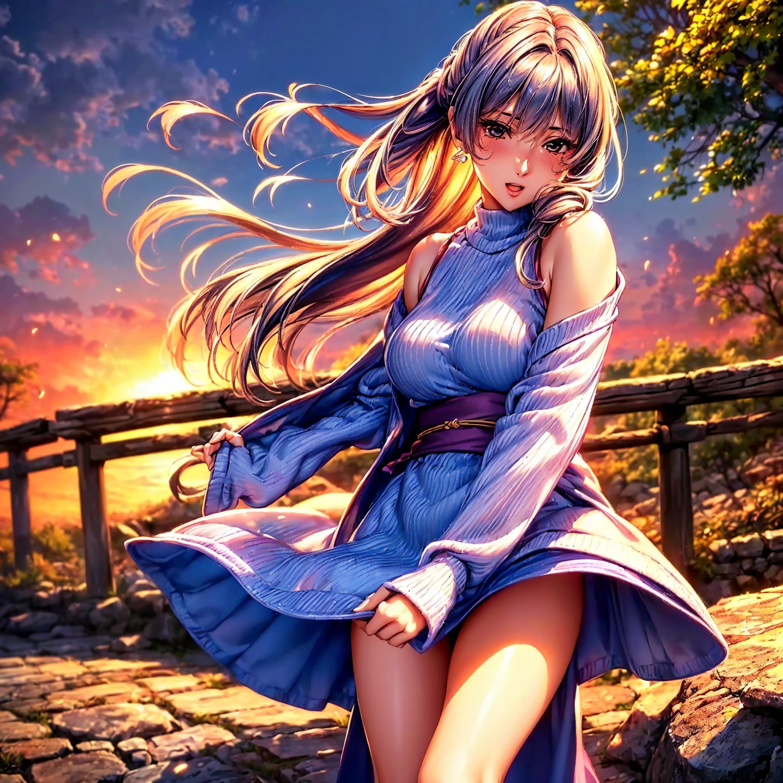 (((Best Quality、top-quality、​masterpiece、very high res、An ultra-high picture quality、Perfect Pixel 1.5))), (((,A woman of perfect and ultimate beauty, Single,brown hair in a ponytail,Beautuful Women))), (kawaii faces、Well-formed contours、Japan Hairstyles、Variety of hairstyles、Perfect Style、beauty legs)、(((wearing sweater、Wear a long stall、Long stalls unfold radially、shoulders are exposed、Excellent fashion sense、1.2)))、((E Cup Breast)), ((Strong-willed eyes:1.4, rounded eyes, Beautiful eyelashes, Realistic eyes)), ((Detailed face, Blushing:1.2)), ((realistic skin textures,Realistic texture, Photorealsitic:1.1, Anime CG style, vivd colour、Default Skin)),((Dynamic Pose, Portrait、Dynamic Angle, Perfect body,Full body)), Smile, Open mouth、On the bridge at night、Street lights will turn on、nightcity、The wind is blowing、night view from the bridge、beautiful night scene、beautiful anime woman, Beautiful Art Style, an animated character、The whole picture、Detailed picture、accurate anatomy、Defect-free images、natural soft light、beautiful image、extremely detailed picture、(Best Shot 1.2)