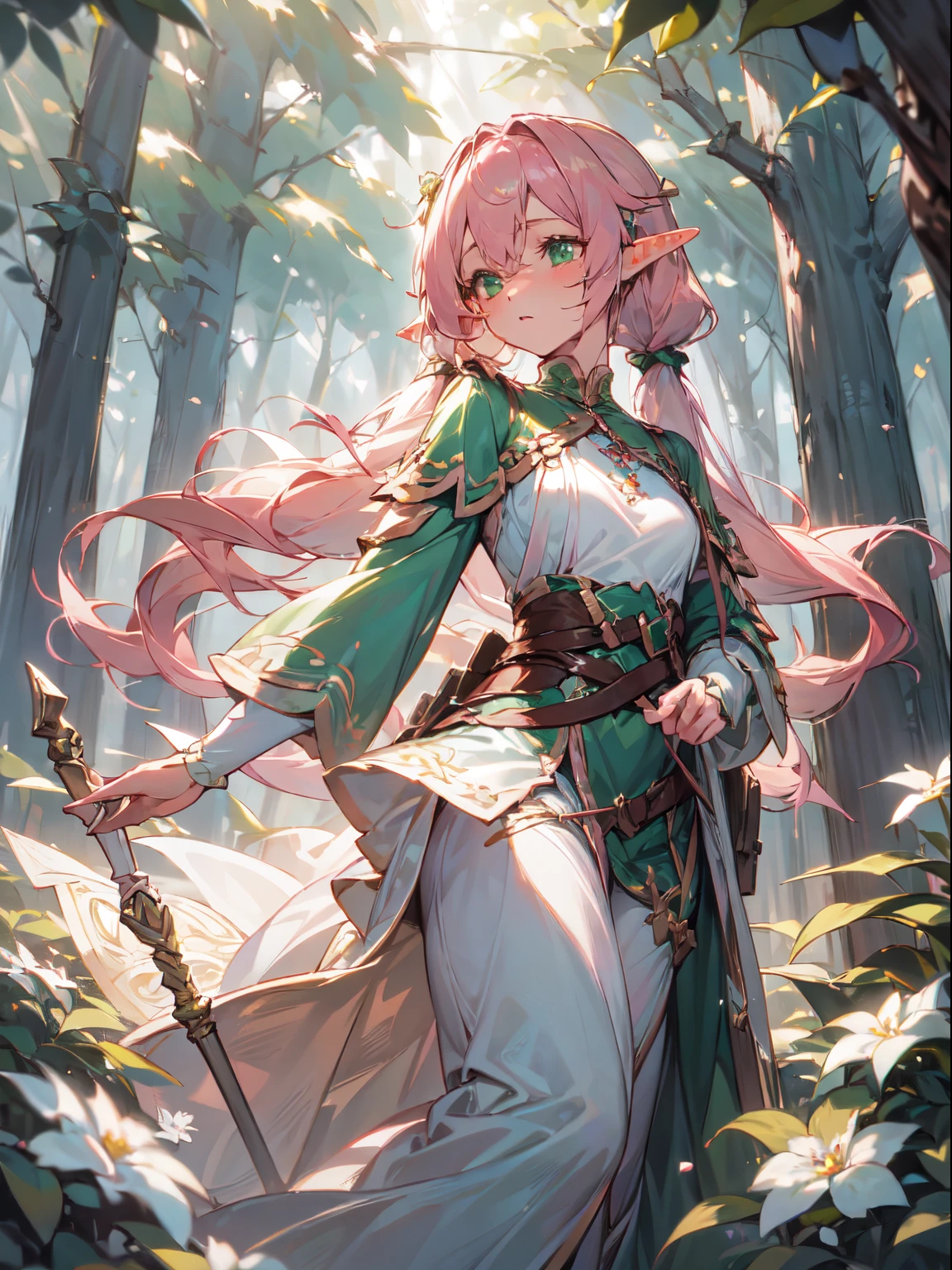 "A young elven maiden with waist-length twin tails of pink hair and soft green eyes strikes a delicate pose. She wears pristine white attire, holding an enchanted staff above her head, casting a spell emitting a green-hued light from the staff's top. She stands amidst the forest, illuminated by the dappled light filtering through the trees."