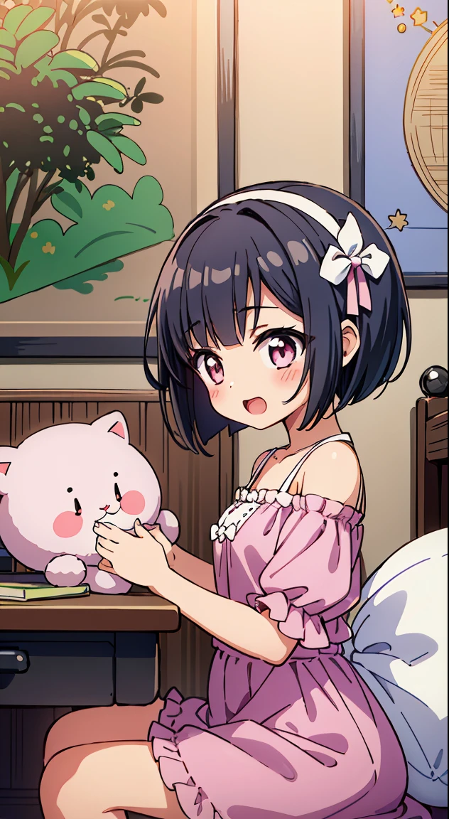 (Cute illustration:1.4),(fuwafuwa illustration:1.3), (pastel color:1.3),(Cute,kawaii,Dolce:1.3), (Dreamy,Fancy:1.2), Anime, (Delicate hair that shines delicately waving in the wind), Large breasts, cleavage, Dynamic Pose,
(masutepiece, Best Quality, High resolution, absurderes, Intricate details:1.3), (Photorealistic), Lens perspective, Hyper Detailed, ultra-detailliert, detaile, Trending on ArtStation, Award-winning, Good anatomy, Perfect Anatomy, [。.。.3 D], Overexposure, lens flare break,



Beautiful Girl, (17 years old girl), Very detailed, colourfull, highest details, 1 beautiful girl, Solo,(Cute:1.5),(Chibi:0.8), (kawaii:1.5),(Lori:0.5),(girl, Cute, Cheerful, Loli face, slightly bulging chest),(A dark-haired,Disheveled short bob,tareme,Pink eyes:1.55),(sano,A smile,Bad face:1.2), (White rabbit ear headband:1.2),Shiny skin,Clear skin, Beautiful skin,(best quality face),(Top quality glowing eyes), (Doya face,brave face:1.45),  BREAK, (calm and natural smile,Open mouth:1.1)//(Off shoulder dress, MIDI Skirt, bow ribbon:1.3)//Standing, Cute little girl sitting on bed,Showroom,(Girl's Private Room, pastel base,
Girly Bedroom, Pastel colors, Soft blanket, Fluffy pillow, Fairy Light, wall art, animal stuffed, Books, desk work, speculum, cosy atmosphere, Personal touch, poster for, [Stuffed toys]:1.3)//From Side,Centered,Waterfall,depth of fields,

 BREAK,wakame,wakame,wakame,(Dynamic Angle:1.4), 

BREAK,(Blurry background:1.3),(absurderes, hight resolution, Super Detail Art),cel shading,Clear Color, Lonely optical effect, Beautiful pictures, Bright glow, mystic atmosphere,(Close-up of girl:1.1), Mystical light particle effect,manga influence, clean line drawings,