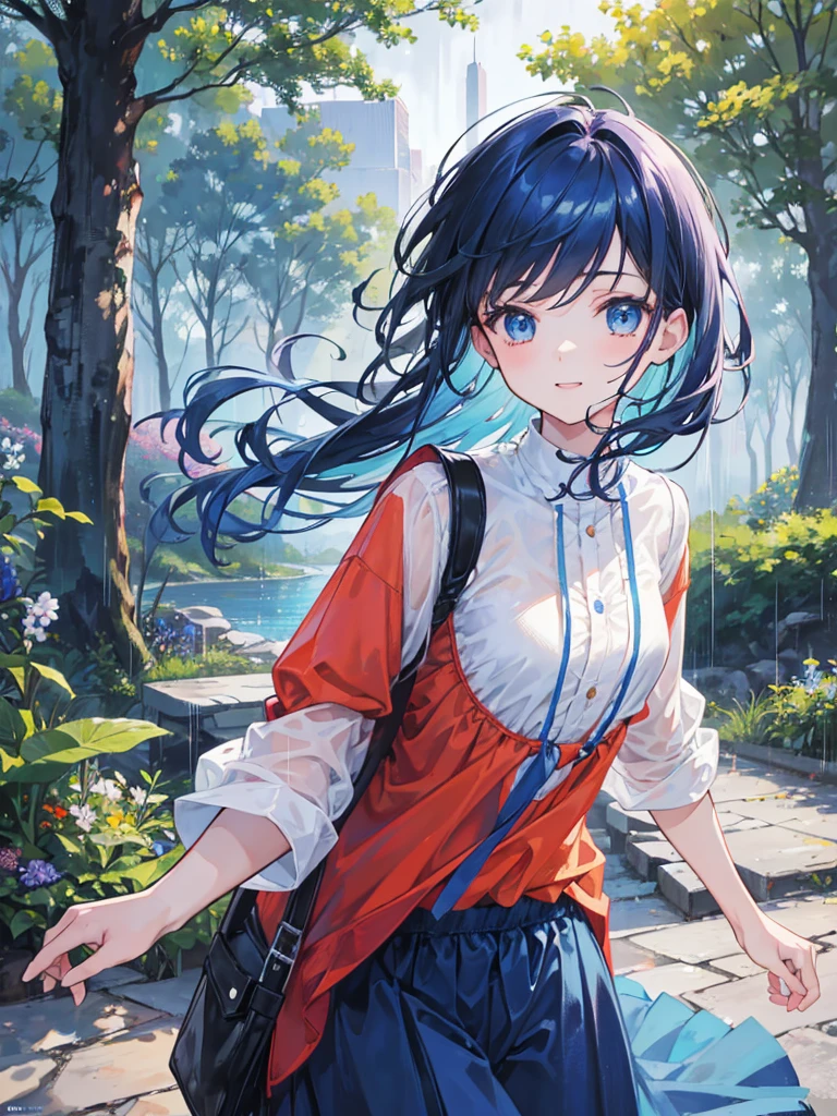 RAW photo, Best quality), (Photorealsitic, photo-realistic:1.1), Best quality, Highly detailed, Masterpiece, Ultra detail,5boys and 2 girls.all of them are best friends.they go on different journeys together.all of them are smiling laughing.boys have yellow,blue,black,purple,blue,white,violet, shirts and pants,girls have blue,orange and red shirts.all of them have blue eyes.some boys have short hair while others have long hair.blue hair for all.girls also have short and long hair.different scenery,city,rain ,forest landscape.with very high detail.multiple landscapes and backgrounds