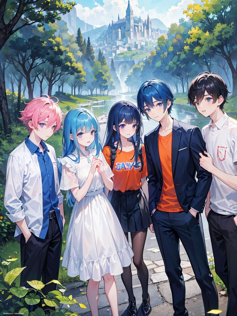 RAW photo, Best quality), (Photorealsitic, photo-realistic:1.1), Best quality, Highly detailed, Masterpiece, Ultra detail,5boys and 2 girls.all of them are best friends.they go on different journeys together.all of them are smiling laughing.boys have yellow,blue,black,purple,blue,white,violet, shirts and pants,girls have blue,orange and red shirts.all of them have blue eyes.some boys have short hair while others have long hair.blue hair for all.girls also have short and long hair.different scenery,city,rain ,forest landscape.with very high detail.multiple landscapes and backgrounds
