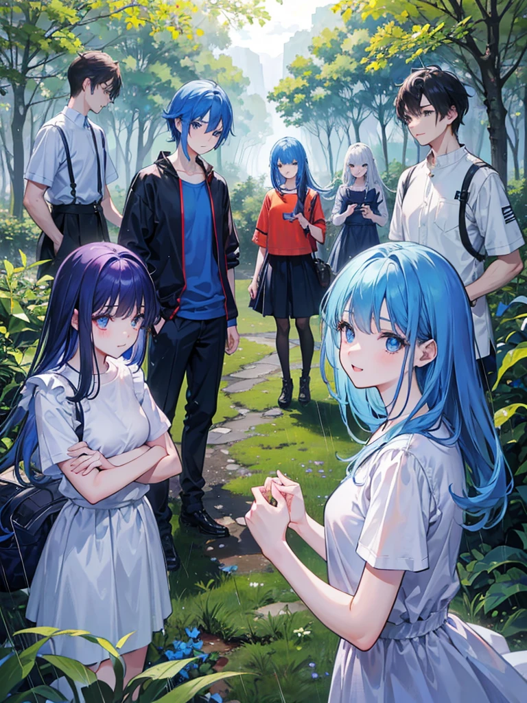 RAW photo, Best quality), (Photorealsitic, photo-realistic:1.1), Best quality, Highly detailed, Masterpiece, Ultra detail,5boys and 2 girls.all of them are best friends.they go on different journeys together.all of them are smiling laughing.boys have yellow,blue,black,purple,blue,white,violet, shirts and pants,girls have blue,orange and red shirts.all of them have blue eyes.some boys have short hair while others have long hair.blue hair for all.girls also have short and long hair.different scenery,city,rain ,forest landscape.with very high detail.multiple landscapes and backgrounds