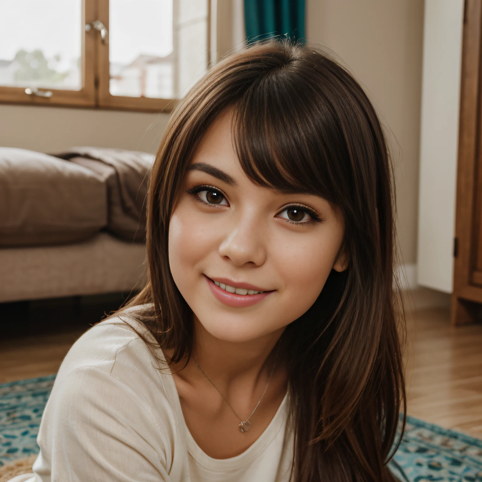 Photograph of a beautiful girl in her home playing with dog, shih tzu dog, happy, porte une jupe, fun, goofy, zoomed out shot, long brown hair, symmetrical face, photorealistic, photography, Phone camera, natural lighting, occidental, Lo-fi, High resolution, Extremely detailed, realistic lighting, natural light, visage naturel, Influencer, Low fidelity, imperfect