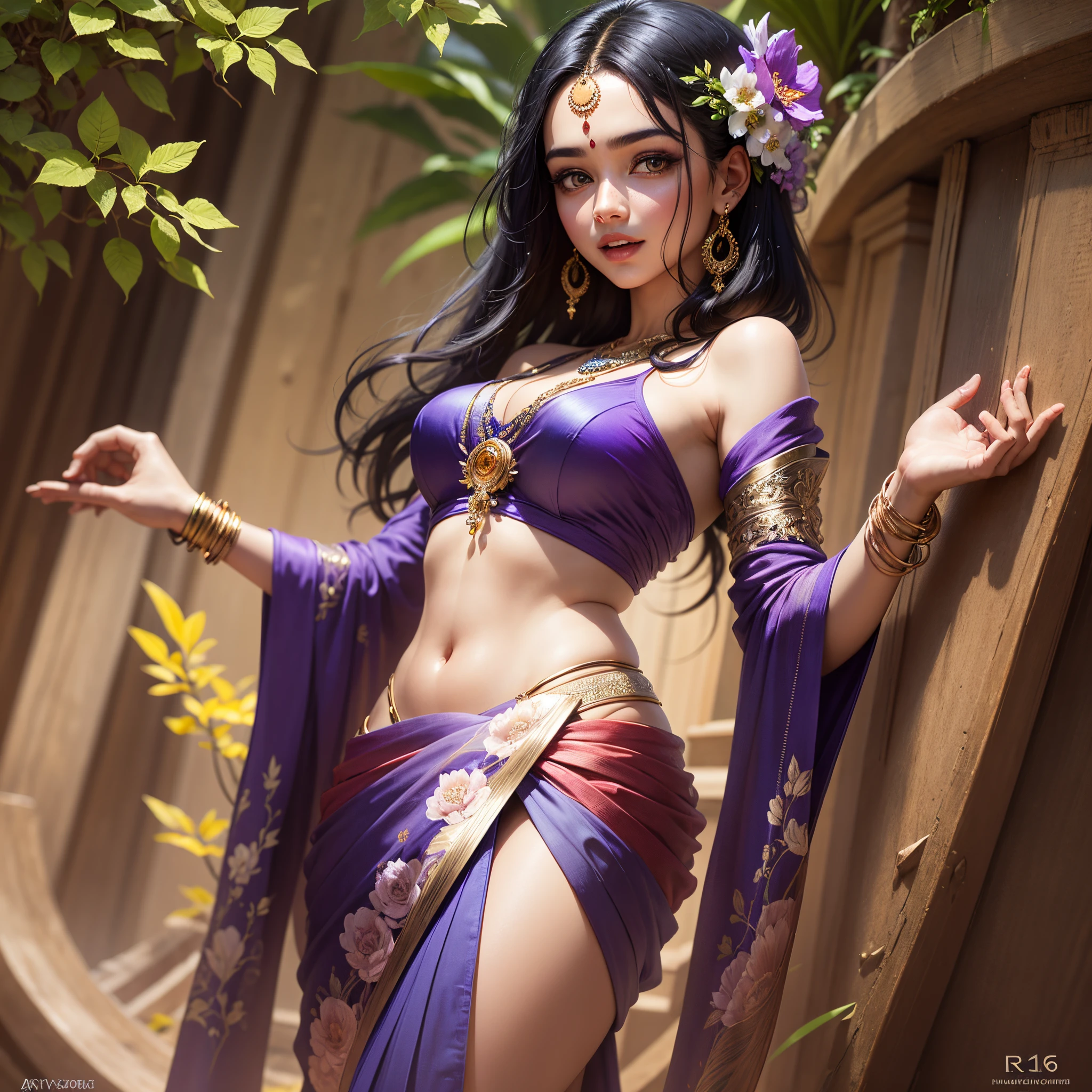 Girl made of earth elements，Branches and flowers wrap around the body，The entire body consists of dirt，Delicate figure，((Masterpiece:1.2),highest  quality:1.1),(dynamic angle:1.2,dynamicposes:1.2,softlighting:1.1), Solo，Textured skin，Beauty tips，Pick dyeing，Crescent headdress，Heavy makeup，Ribbons，Crescent earrings，There are precious stones on the forehead，Beauty mole，Heterochromic pupils，Light smile，A high resolution