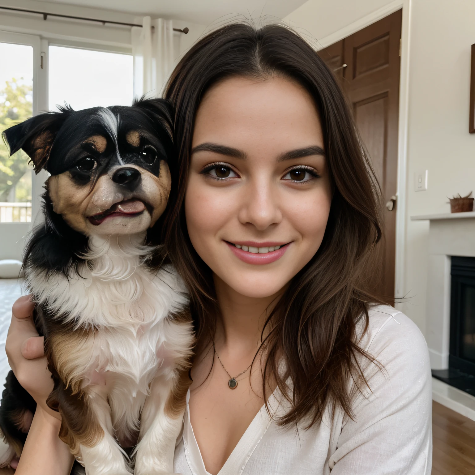 Photograph of a beautiful girl in her home playing with dog, shih tzu dog, happy, porte une jupe, fun, goofy, zoomed out shot, long brown hair, symmetrical face, photorealistic, photography, Phone camera, natural lighting, occidental, Lo-fi, High resolution, Extremely detailed, realistic lighting, natural light, visage naturel, Influencer, Low fidelity, imparfait