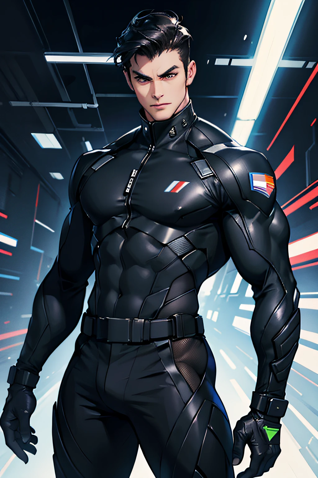 a muscular mexican cyber-hero with black spandex suit in spaceship