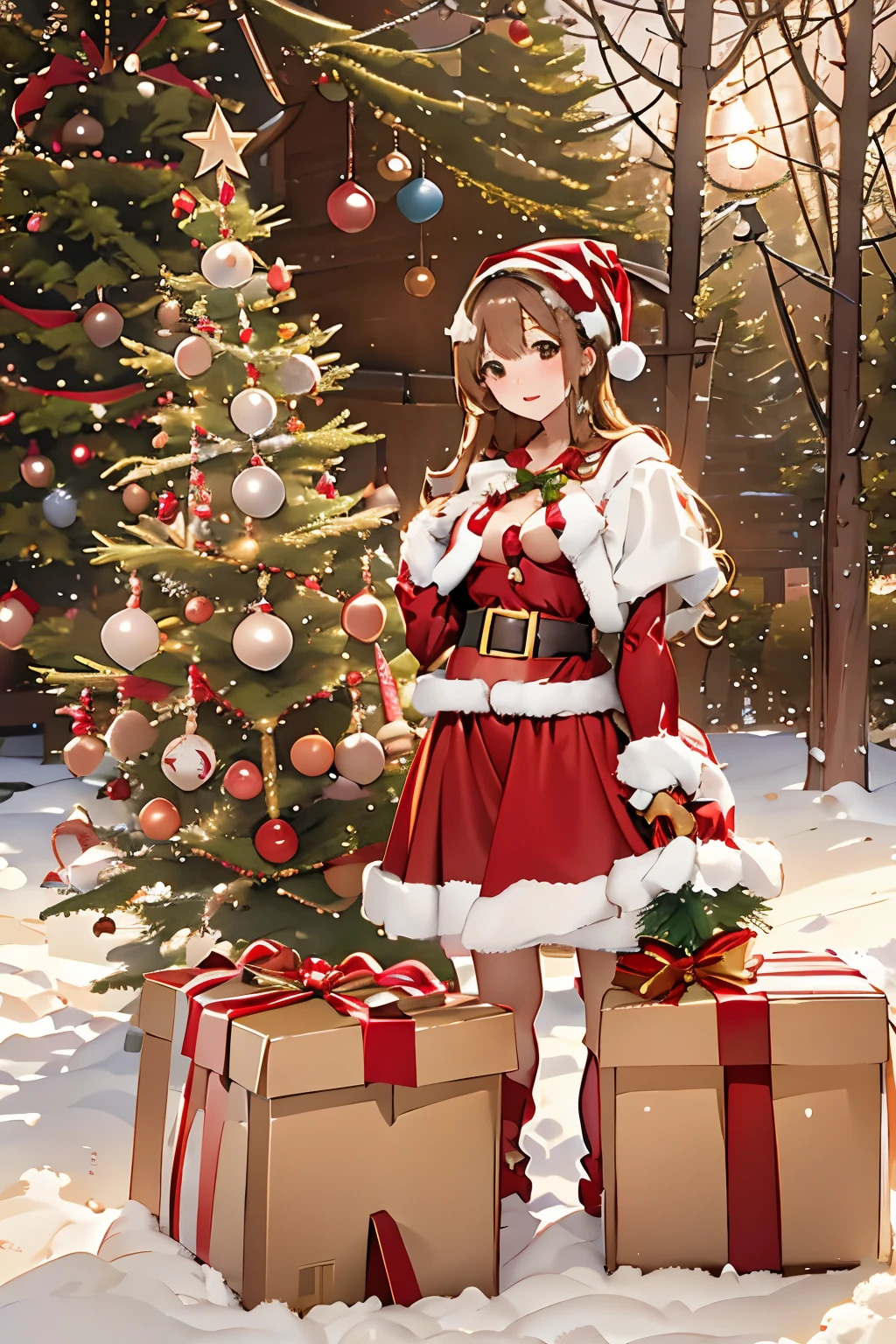 Sepia tone、Santa Claus Cosplay、a cute Japanese girl、small tits、Natural look、cowboy  shot、Christmas tree、The background is a large gift box、