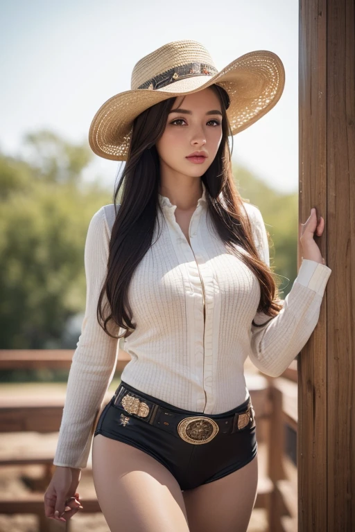 (best quality, high resolution, 8k, ultra-detailed, realistic:1.37), cowgirl, cowboy hat, beige tights