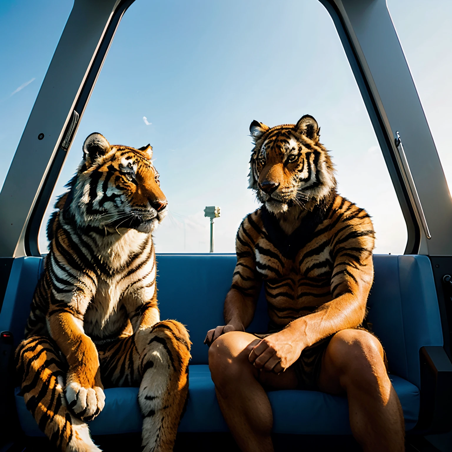 A wolf and tiger sitting together on a rocket