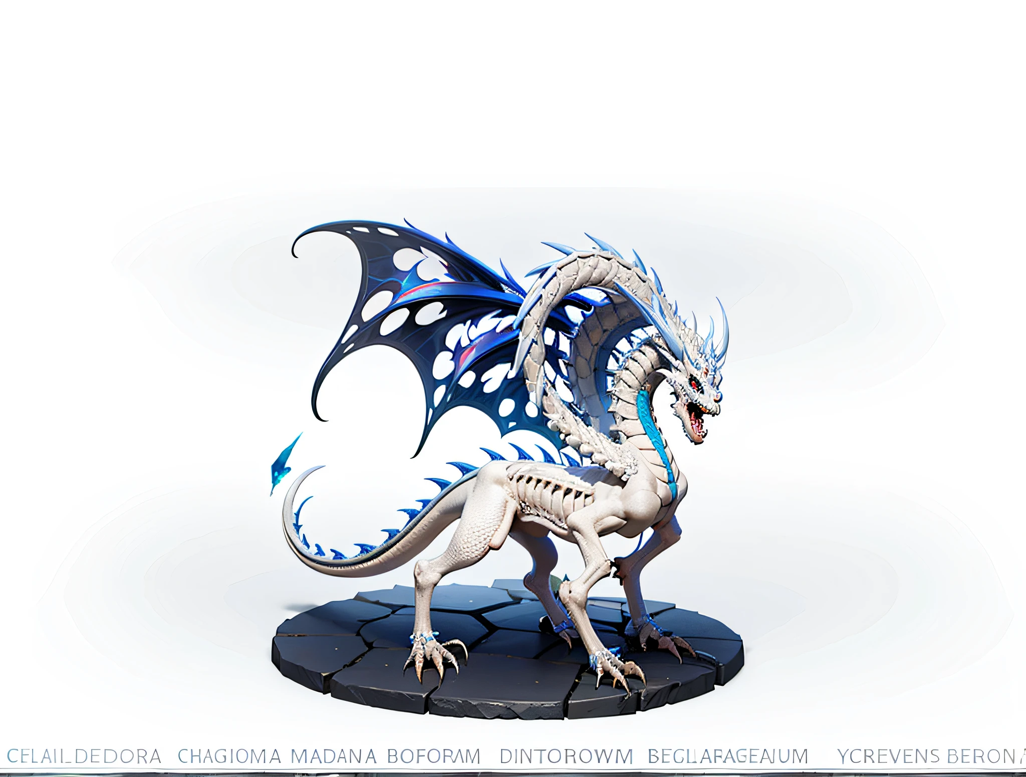 There is a dragon,A blue and white tail,A black and white tail, Crystal Dragon, blue scale dragon, dragon with scars, ornate exoskeleton, skeleton-like creature, skeleton-like creature, excess meat on the bones, Dragon nature is gentle and delicate, Frost Dragon, a majestic gothic dragon, All eyes are silver, newly hatched dragon,Ossaurus,Clear 4K,Spewing blue flames from the mouth ,Body parts covered with blue crystals,stepping on lava