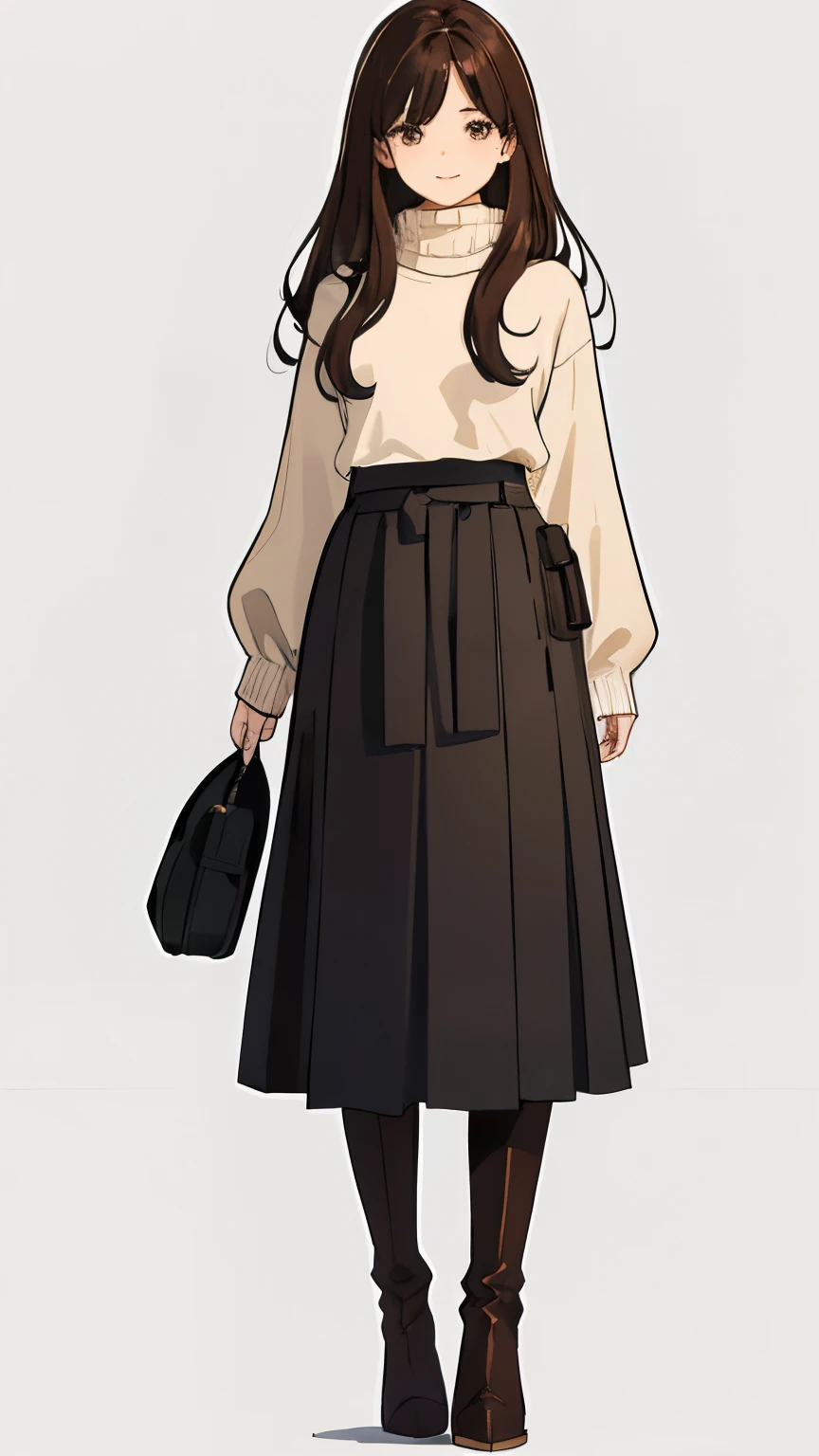 1womanl、Brown hair、Burnt brown color、Longhaire、fluffy hair、Cool Beauty、A slight smil、Sweaters、knit、long skirt、long boots、full body Esbian、is standing、Gray background