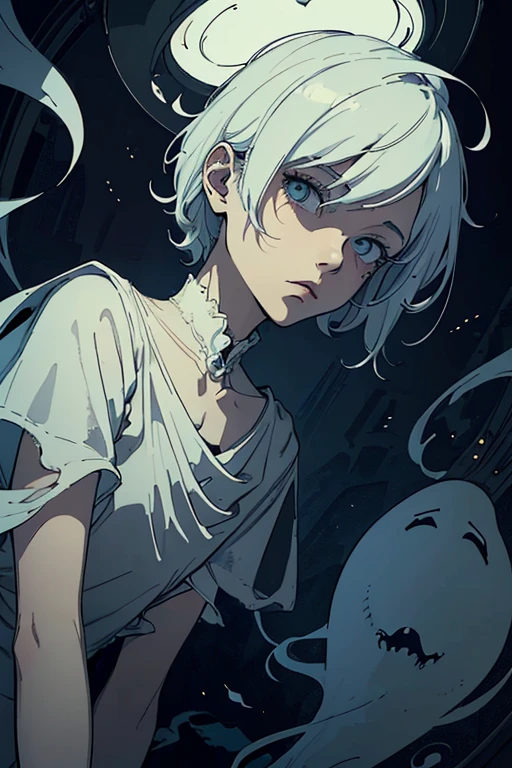 (masterpiece1.2), (high resolution1.3), (top quality), (super delicate), ((Draft cartoon style)), ((wallpaper)), ((Diverse angles)), Comic Style Illustrations, (drawing style), Outline warm color, eerie, horror factor1/2, ((man with the ghost)), (Distinctive hair style), (Creative accessories), (individualistic atmosphere), Eerie worldview, Suspicious atmosphere, dark fantasy, Fantasy Town, extra