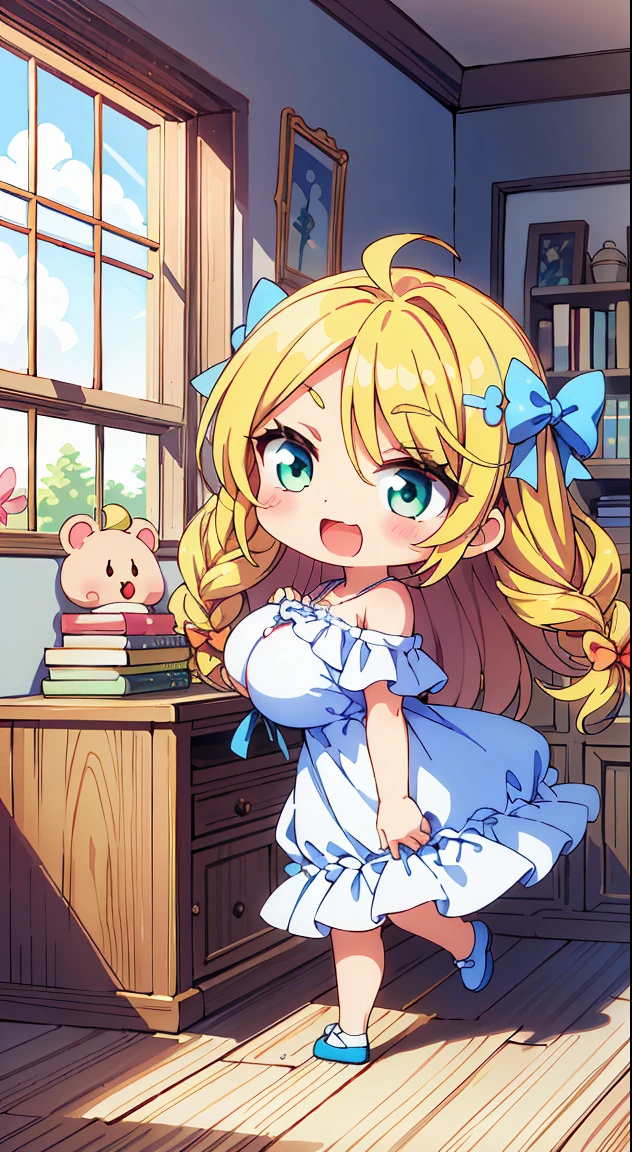 (Cute illustration:1.4),(fuwafuwa illustration:1.3), (pastel color:1.3),(Cute,kawaii,Dolce:1.3), (Dreamy,Fancy:1.2), Anime, (Delicate hair waving in the wind and shining delicately),
(masutepiece, Best Quality, High resolution, absurderes, Intricate details:1.3), (Photorealistic), Lens perspective, Hyper Detailed, ultra-detailliert, detaile, Trending on ArtStation, Award-winning, Good anatomy, Perfect Anatomy, [。.。.3 d], Overexposure, lens flare break, (Chibi, Full body:1.6),



1 beautiful girl, girl with, (Cute:1.5),(Chibi:0.5),(kawaii:2.0),(Lori:2.0),( girl),(large full breasts:1.65),(Ahoge,Braids,half up,Blonde hair, blue bow, Green eyes,eyebrows visible through hair,side locks,Parted bangs,Long hair, Hair Flower, Hair Ornament, Big ribbon in the hair, Curly hair,Bow:1.4),:D,(Angel,White feathers, one white winged, Angel wings,Spread wings, Glowing wings),pitt \(Kid Icarus\),gleaming skin, Clear skin, shining beautiful skin, Open mouth,Smile, Solo, tusk, Upper teeth,(long eyelashes, Double eyelids:1.2),Solo,gleaming skin, Clear skin, Beautiful skin,(best quality face),(Top quality glowing eyes),(The best smile,Doya face:1.45),BREAK, (calm and natural smile,Open mouth:1.1)//(Off shoulder dress, MIDI Skirt, bow ribbon:1.3)//Standing, Cute little girl sitting on bed,Showroom,(Girl's Private Room, pastel base,
Girly Bedroom, Pastel colors, Soft blanket, Fluffy pillow, Fairy Light, wall art, animal stuffed, Books, desk work, speculum, cosy atmosphere, Personal touch, poster for, [Stuffed toys]:1.3)//From Side,Centered,Waterfall,depth of fields,

 BREAK,wakame,wakame,wakame,(Dynamic Angle:1.4), 

BREAK,(Blurry background:1.3),(absurderes, hight resolution, Super Detail Art),cel shading,Clear Color, Lonely optical effect, Beautiful pictures, Bright glow, mystic atmosphere,(Close-up of girl:1.1), Mystical light particle effect,manga influence, clean line drawings,
