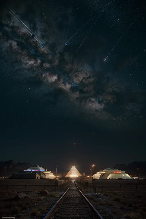 (Science fiction, Planet Medlana, Luxor solar system, 2375, efficient space tracking station for objects in the solar system and beyond) Mountain plateau, clear starry sky, sunset, 120 radio radar dishes are located throughout the plateau, in the middle of the plateau, an observation village building, military guard barracks, at the foot of the mountain range hangars and a cosmodrome for transport and space fighters, the entire territory a space observation station and a cosmodrome, surrounded by a high fence made of metal mesh and barbed wire, on both sides of the plateau there is a tunnel for railway monorails, in the southern part of the plateau in the middle there is a station for monorails of the railway, near the station there is a parking lot, a small village of two-story residential buildings, from the parking lot The road leading to the building leads to a space observation station.