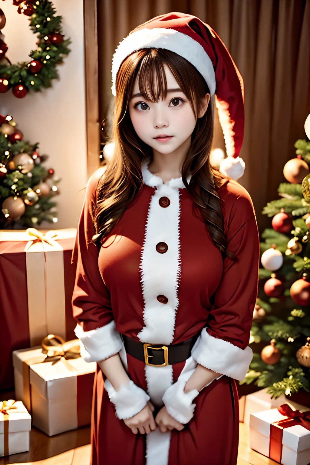 Sepia tone、Santa Claus Cosplay、a cute Japanese girl、small tits、Natural look、cowboy  shot、Christmas tree、The background is a large gift box、