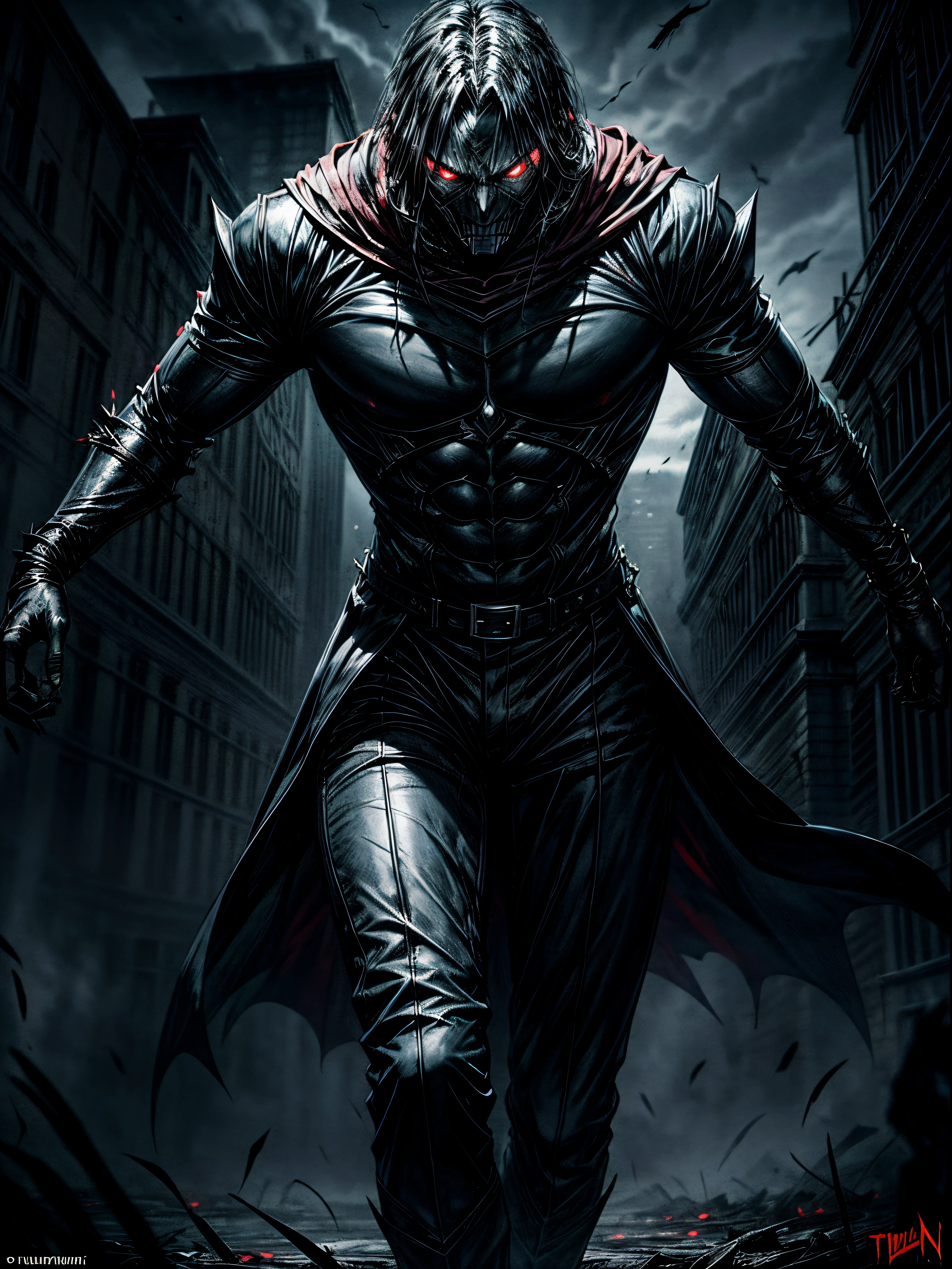 Illustrate a chilling scene of a dark and malevolent villain standing triumphantly over their defeated enemy, the air thick with an ominous aura. The villain, adorned in sinister attire, should exude a menacing presence, reveling in the act of slaying their foe. The fallen enemy, portrayed in a position of defeat, should evoke a sense of desperation and struggle. Capture the essence of the villain's sinister victory through detailed expressions, dynamic poses, and a foreboding atmosphere. The setting should amplify the tension, perhaps with eerie lighting or a haunting background that enhances the ominous tone of this dark and decisive moment.