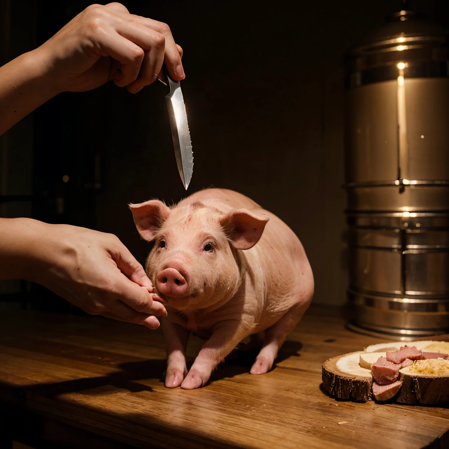 A pig cuts a human with a knife