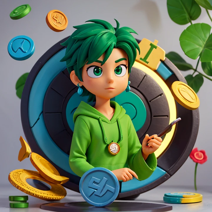 Logo com cores vivas com as iniciais P E centralizadas, with reference to poor things, logo minimalista, logo com cores predominantes amarelo, verde e preto, logo with reference to money,finance theme, sem textos apenas imagem, single centered image of coin, with green solid color background, desenhe como se fosse em um desenho animado
