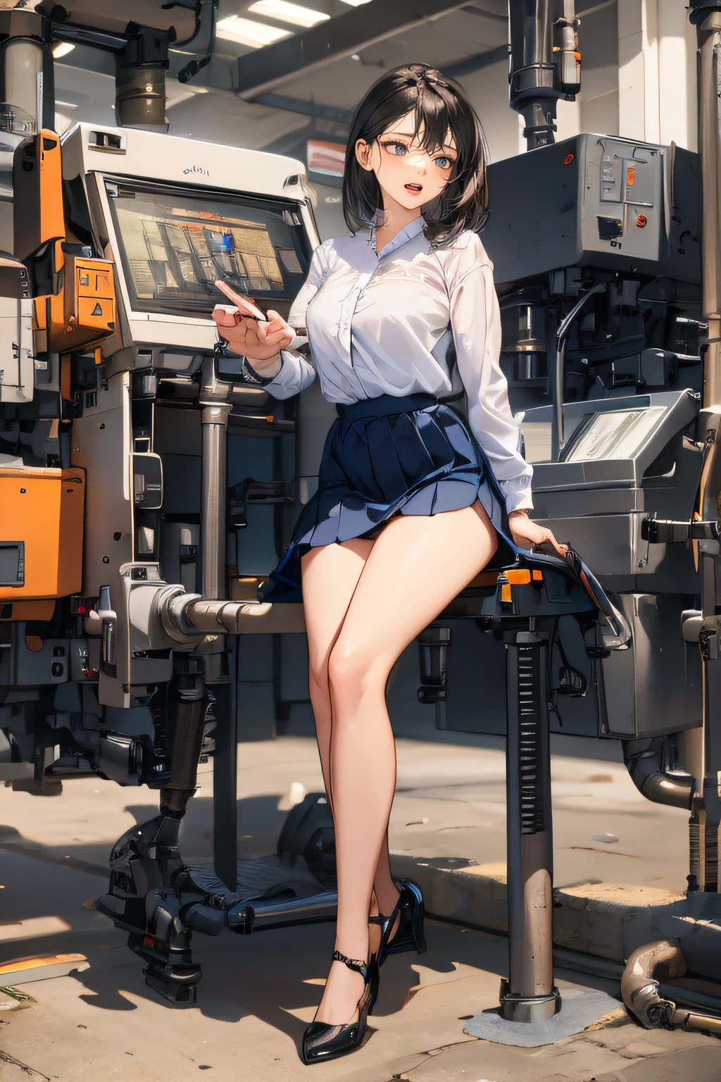 a woman wearing factory working wear, eyes realistic sizing, CNC machines, monitors, closeup crotch,((touching breast with hand, masturbation)), orgasm, squirting, squatting, spread pubic, pubic hair, straddling pipe, angle from below, open mouth, eccentric pose,