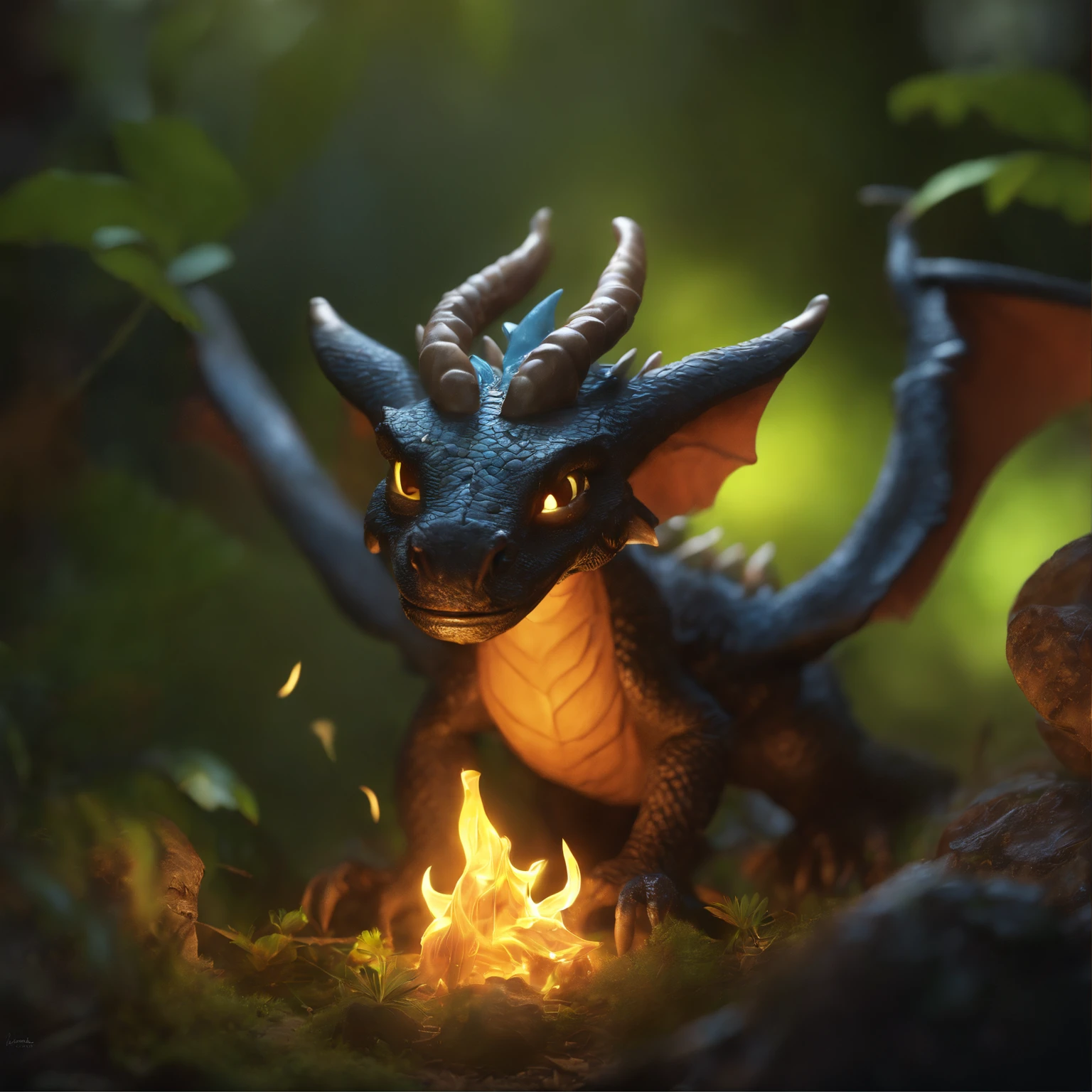 真实感, Reality, In the cave,Small male goblins, likeness of a dragon, leathery wings, Antlers...close-up of cute little fireflies, illuminate the bush, detailed picture, cgsociety, Detailed painting, artstation hd, higly detailed, cgsociety, photo realism, ConceptArt, artstation hd, official arts, bokeh, static movement dragon shoots fire, static motion in slow motion dragon shoots fire,