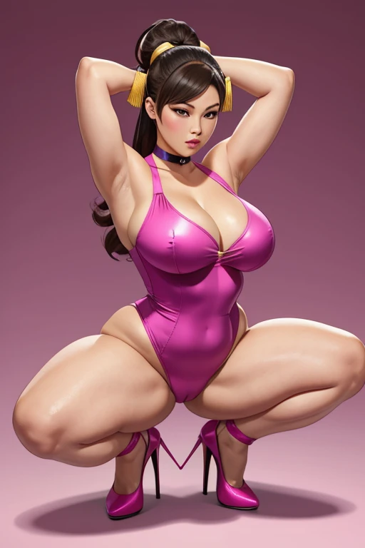 Voluptuous, Thick thighs, squatting, chubby Chun li wearing a pink leotard, high heels and a choker, hands behind head