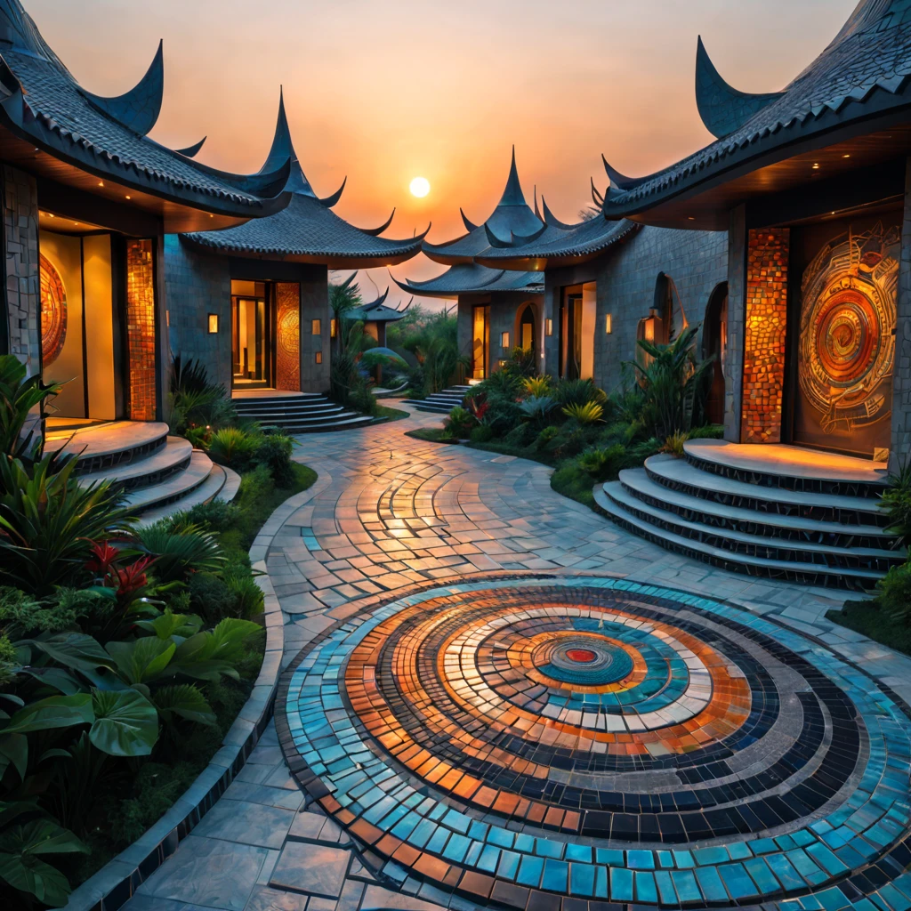 tribal style,afofuturism,Postmodern,Villas,the sunset,tribal sculpture、an outside garden, mosaic stone road,