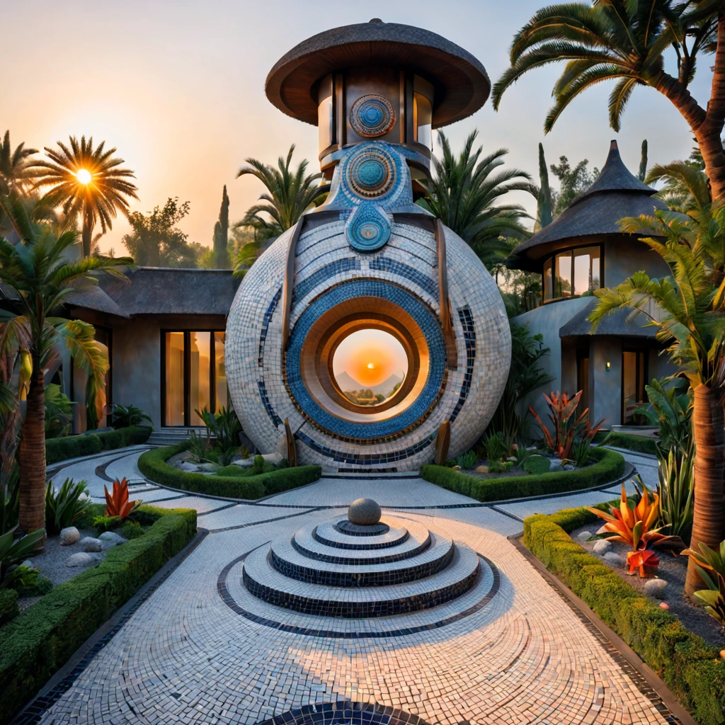 tribal style,afofuturism,Postmodern,Villas,the sunset,tribal sculpture、an outside garden, mosaic stone road,