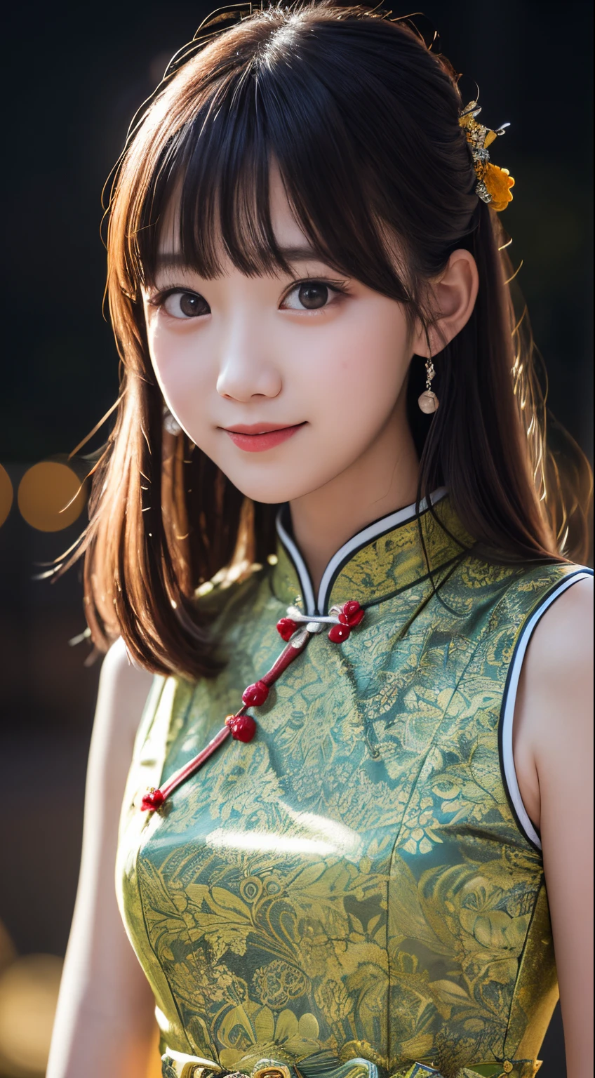 masutepiece, Best Quality, 8K, 10yo student, Teen, Raw photo, absurderes, award winning portrait, Smile, Solo, (Night:1.8), Idol face, violaceaess, Delicate girl, Upper body, Digital SLR, Looking at Viewer, Candid, Sophisticated,Thin arms, Professional Lighting, Film grain, chromatic abberation, (Eyes and faces with detailed:1.0), (Bokeh:1.1) , (qipao dress:1.0) , closes mouth