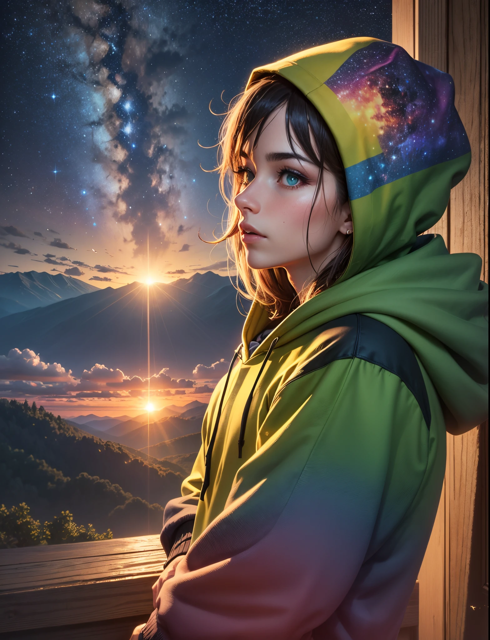 a man in stlylish hoodie attire watching the sunrise among stars from the green mountain, ultra reaistic, 4k, epic realism --auto --s2