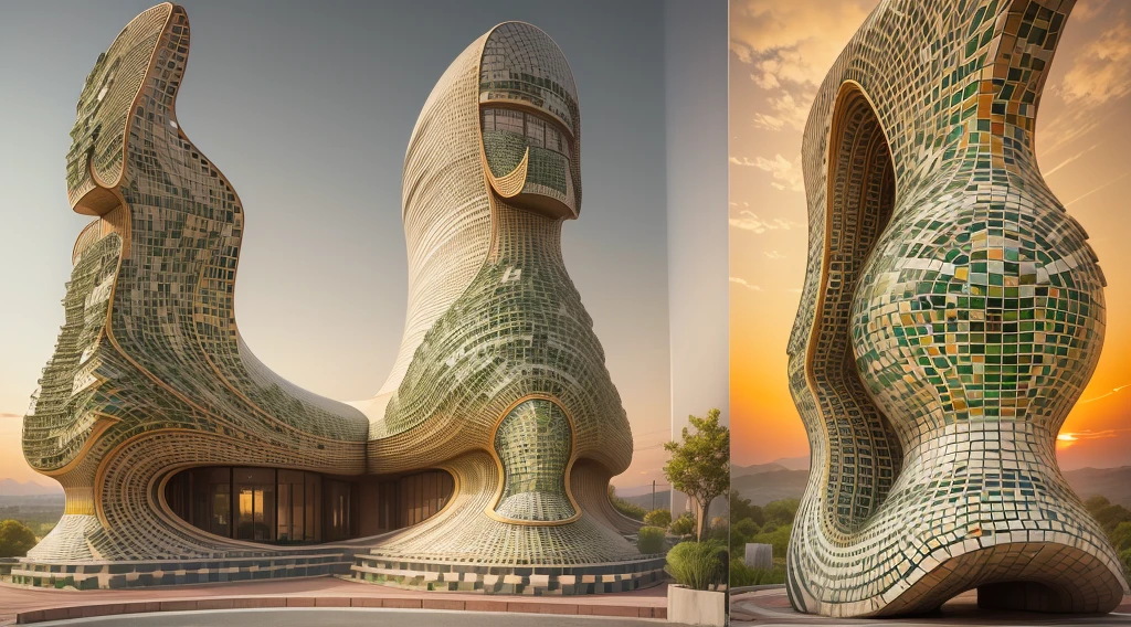 tribal style,afofuturism,Postmodern,Villas,the sunset,tribal sculpture、an outside garden, mosaic stone road,